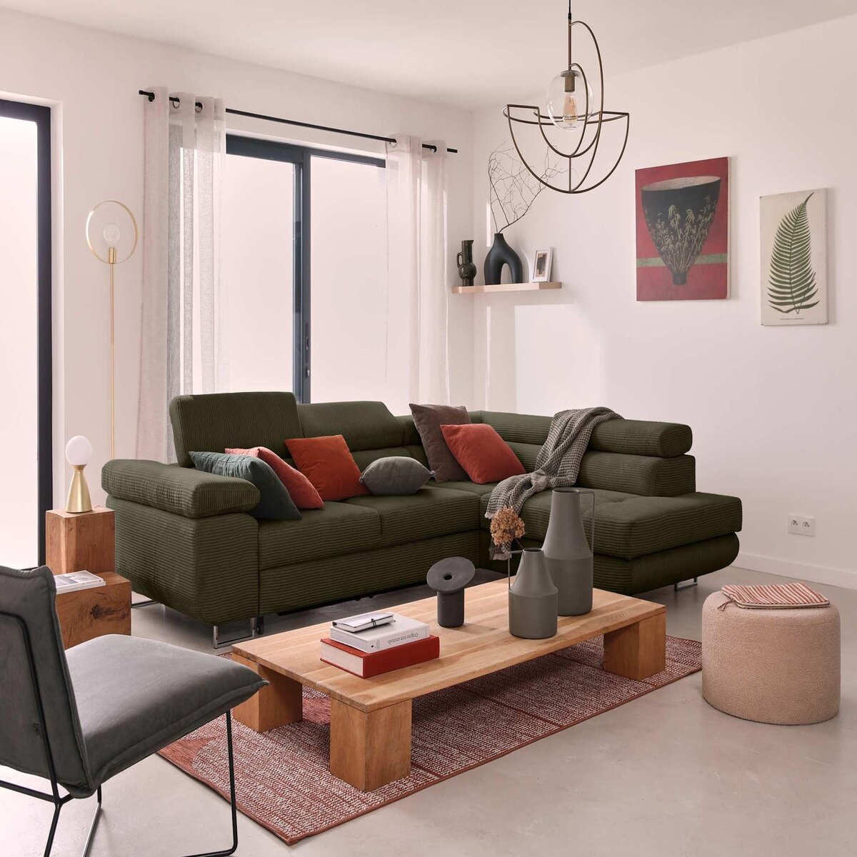 BEST MOBILIER Zaria - canapé d'angle droit - convertible avec coffre et têtières réglables - 5 places - en velours côtelé