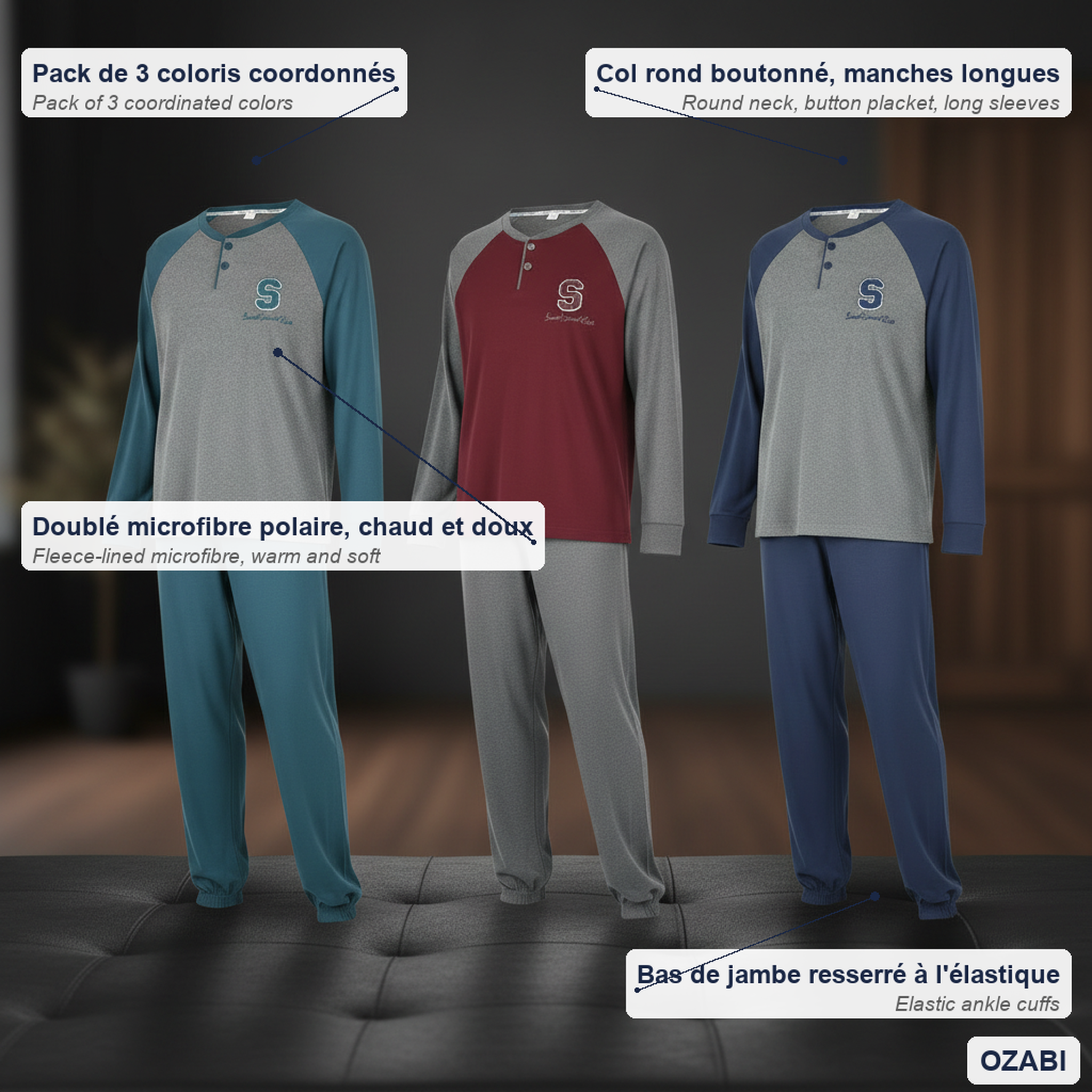 Voir la diapositive 5 : OZABI Ozabi ensemble pyjama homme doublé polaire pack de 3 coloris assortis