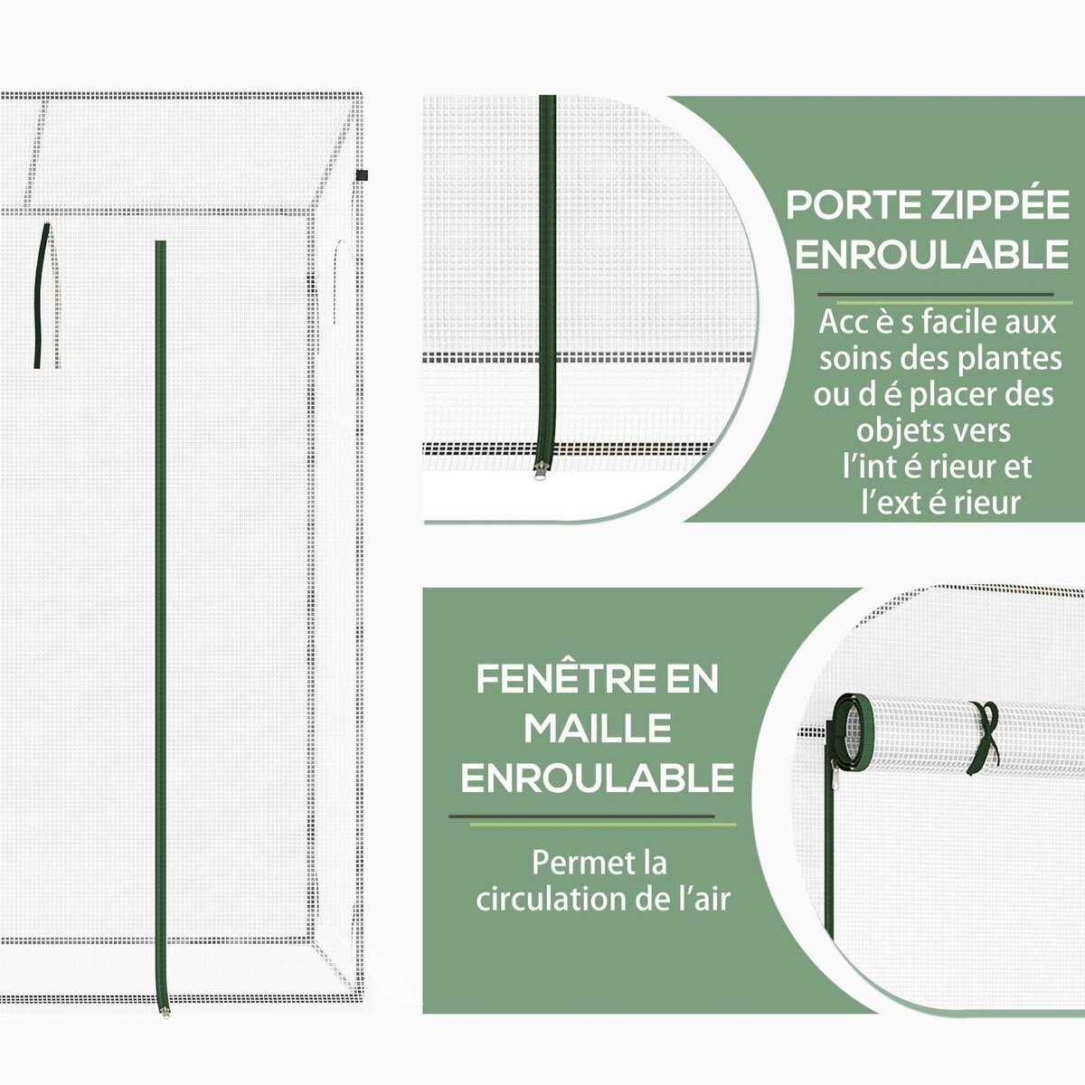 OUTSUNNY Serre de jardin 2 fenêtres moustiquaires porte enroulable zippée dim. 200 x 76 x 168 cm acier PE blanc