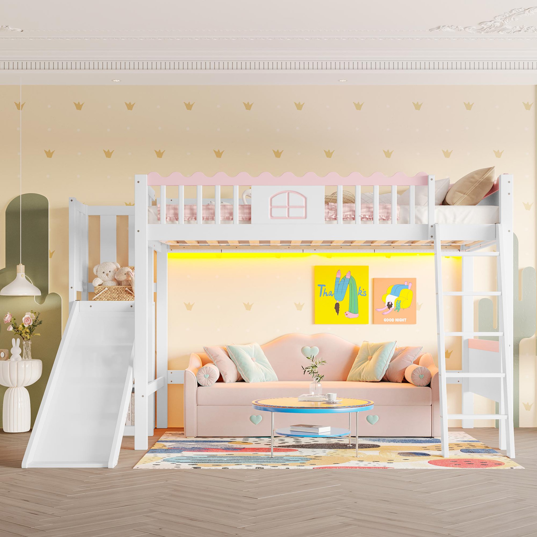 Voir la diapositive 2 : MERAX Lit combiné enfant 90x200cm pin coloris blanc et rose