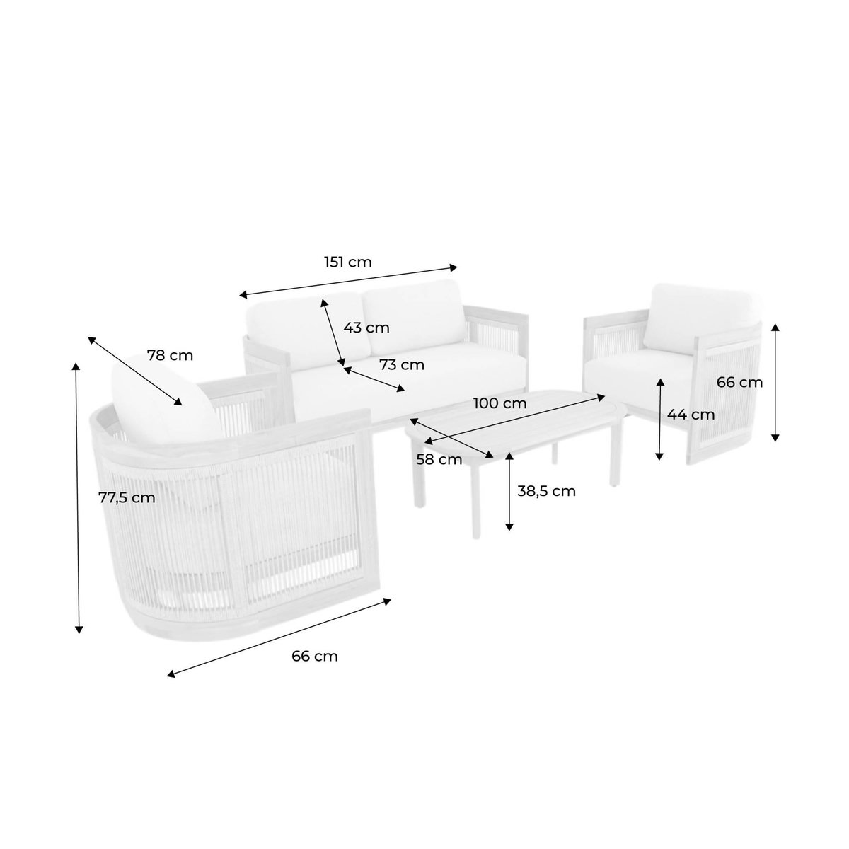 SWEEEK Salon de jardin bois d'acacia et cordes 4 places beige - Maui