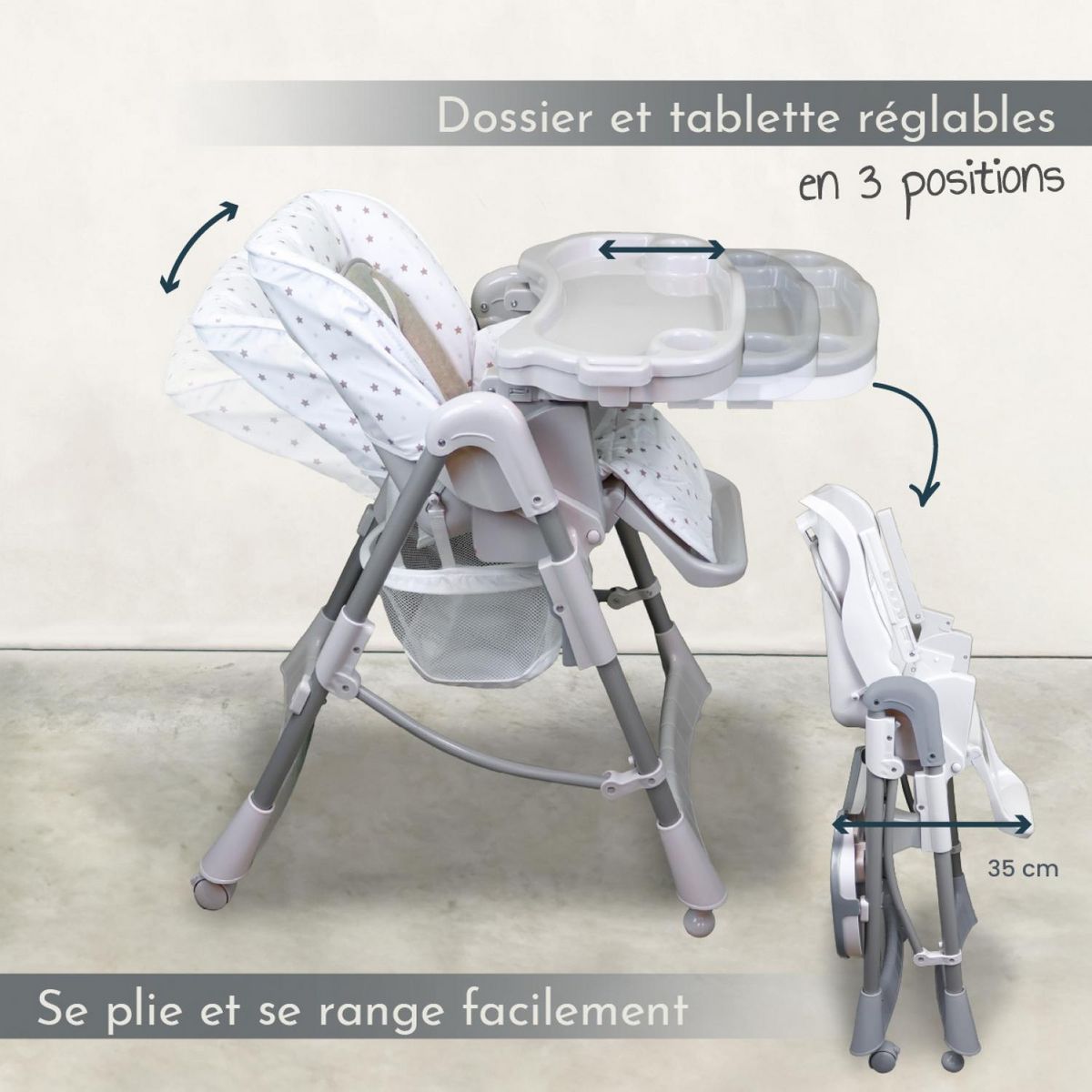 Monsieur Bébé Chaise haute bébé pliable réglable hauteur dossier tablette - Ptit