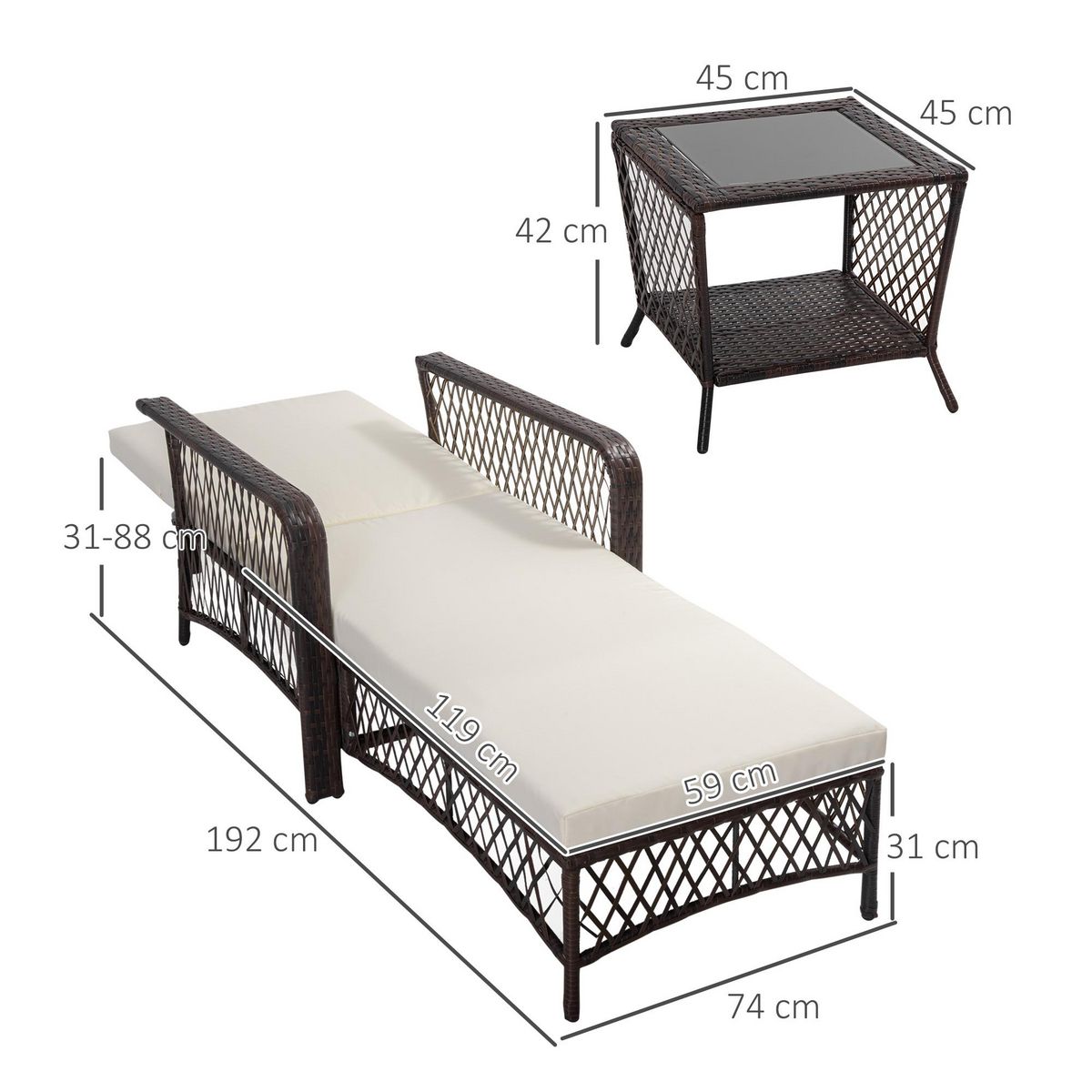 OUTSUNNY Bain de soleil transat design colonial avec table basse et matelas - dossier inclinable - résine tressée, polyester - marron crème