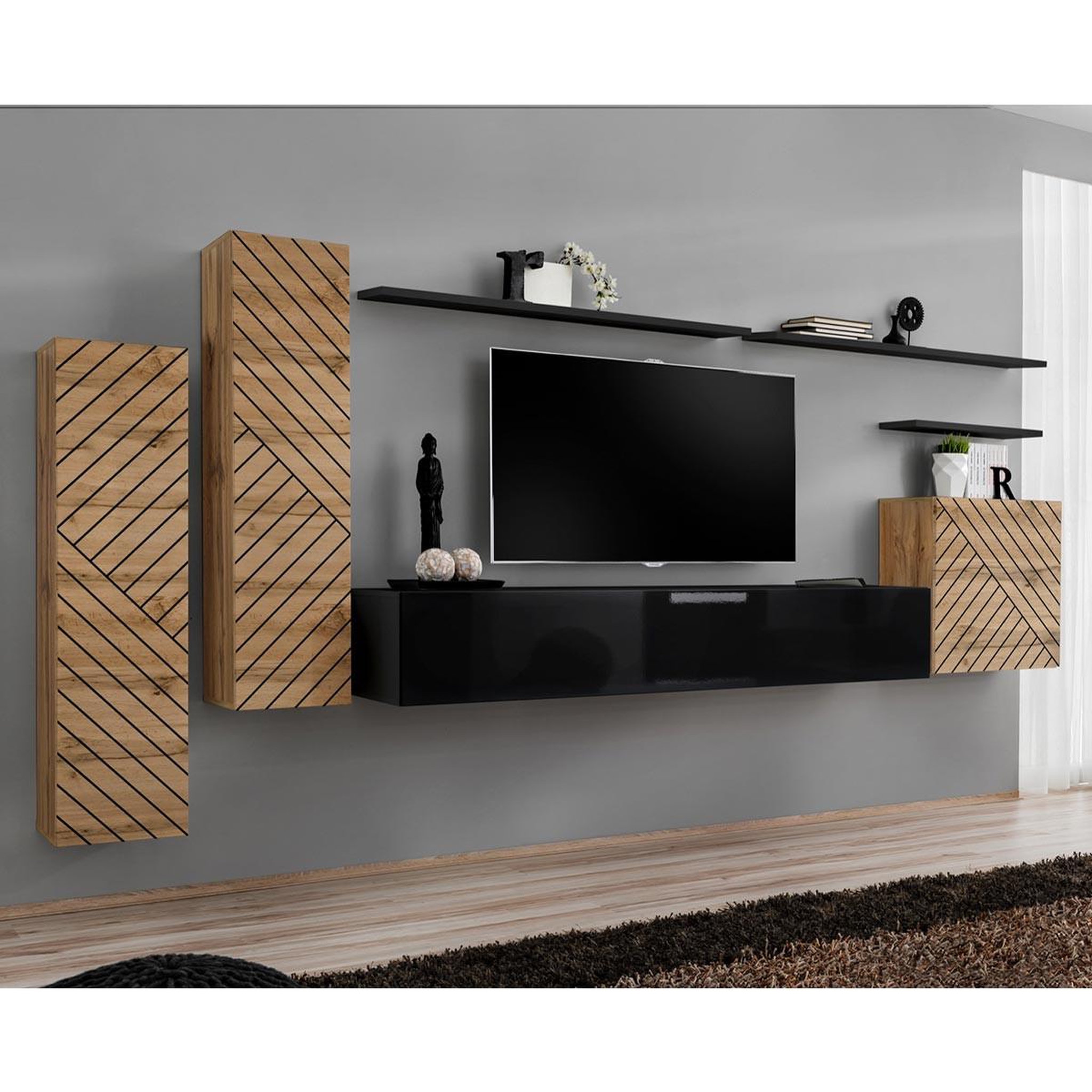 Paris Prix Ensemble meuble tv  switch lamel i  330cm noir & naturel