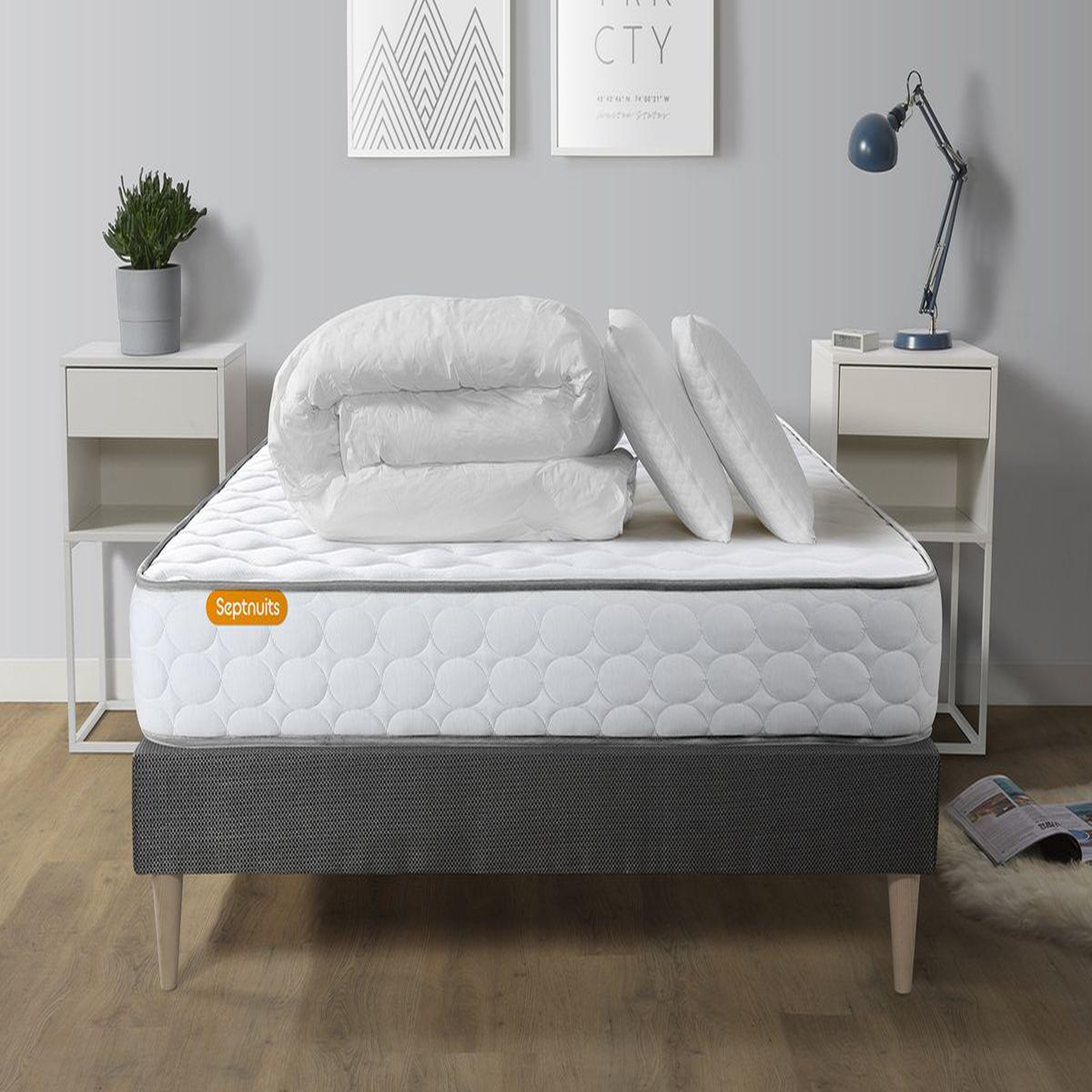 Voir la diapositive 1 : SEPTNUITS Pack matelas Memo + sommier kit gris + 2 oreillers mémoire de forme