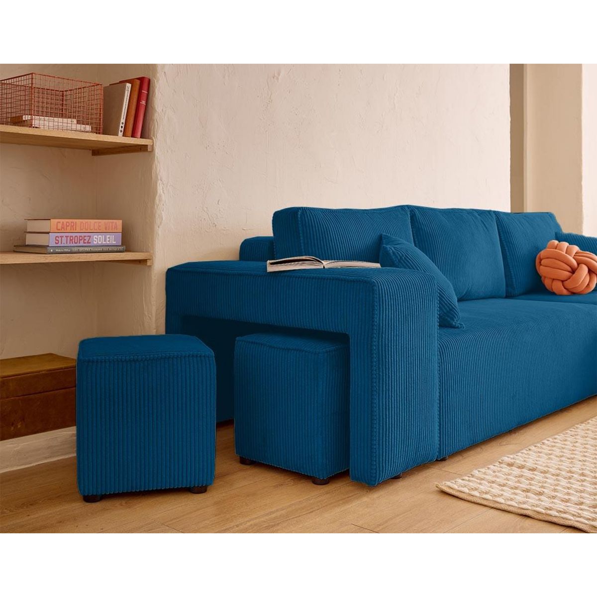 BEST MOBILIER Topaze - canapé d'angle réversible 4 places - convertible avec coffre, tablette et poufs - en velours côtelé