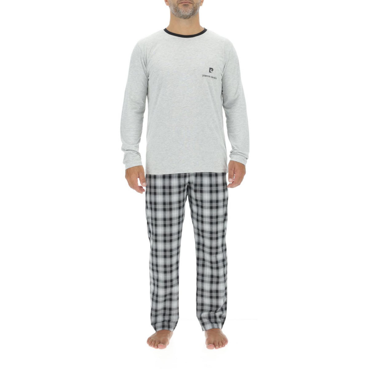 PIERRE CARDIN Ensemble Pyjama long homme en popeline à carreaux et Logo poitrine
