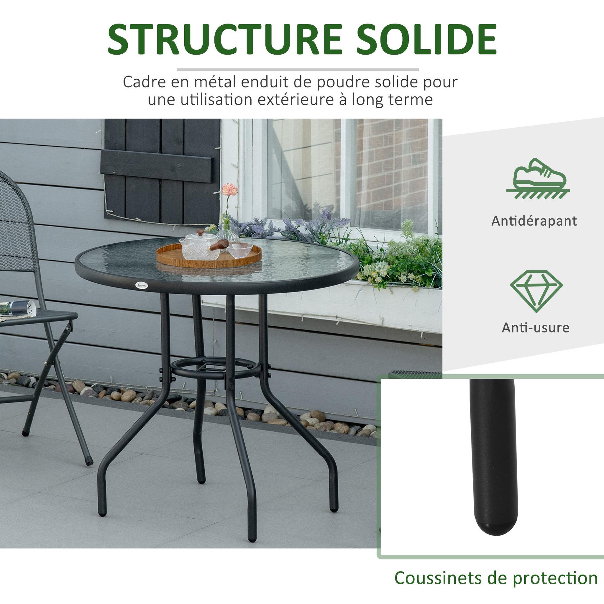 Voir la diapositive 6 : OUTSUNNY Table de jardin ronde dia. 80 x 72H cm - espace central parasol - métal noir plateau verre trempé texturé