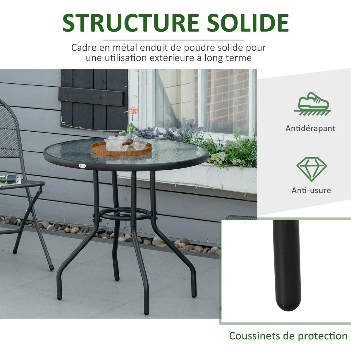 OUTSUNNY Table de jardin ronde dia. 80 x 72H cm - espace central parasol - métal noir plateau verre trempé texturé