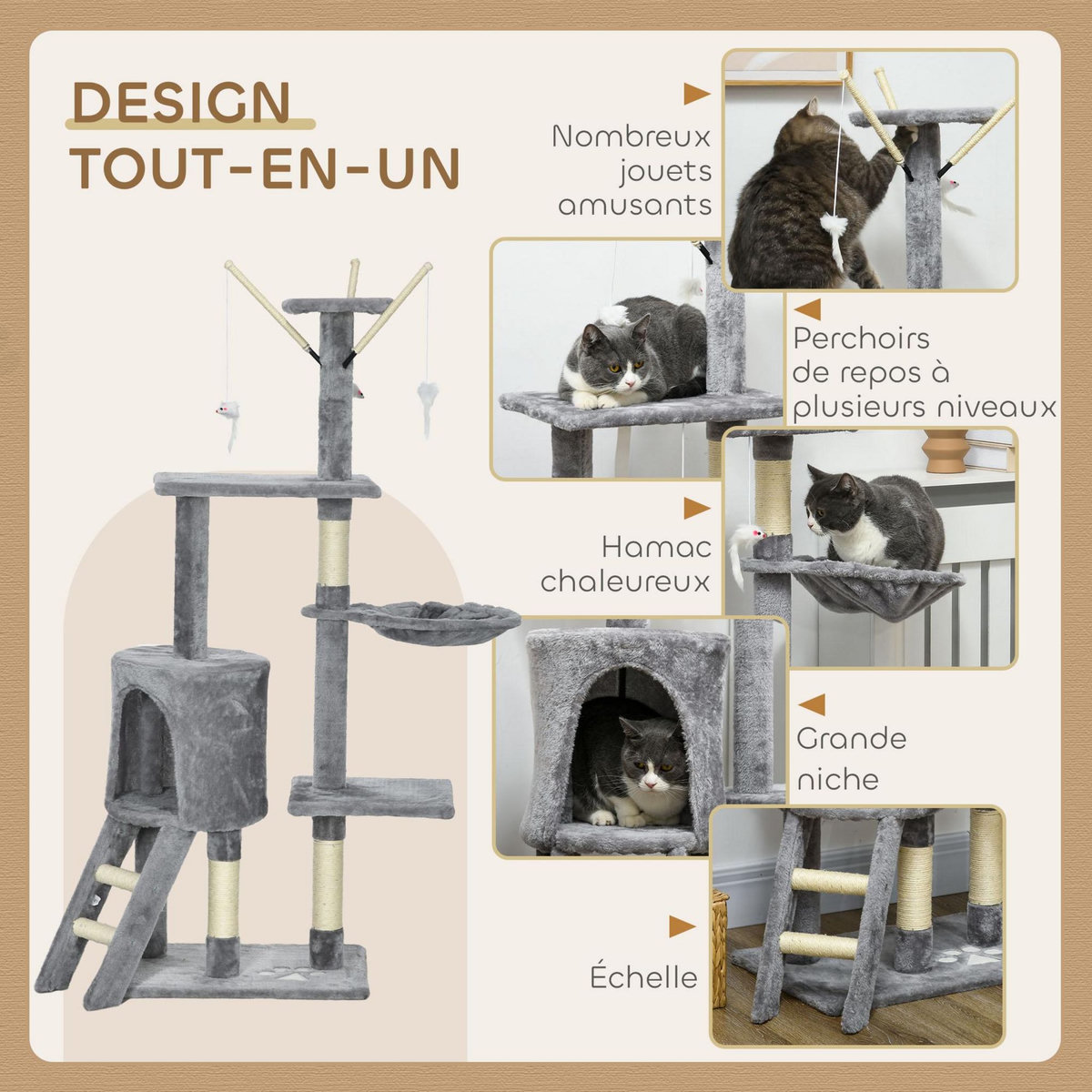 PAWHUT Arbre à chat multi-équipement griffoirs plateformes niche échelle hamac jouets gris