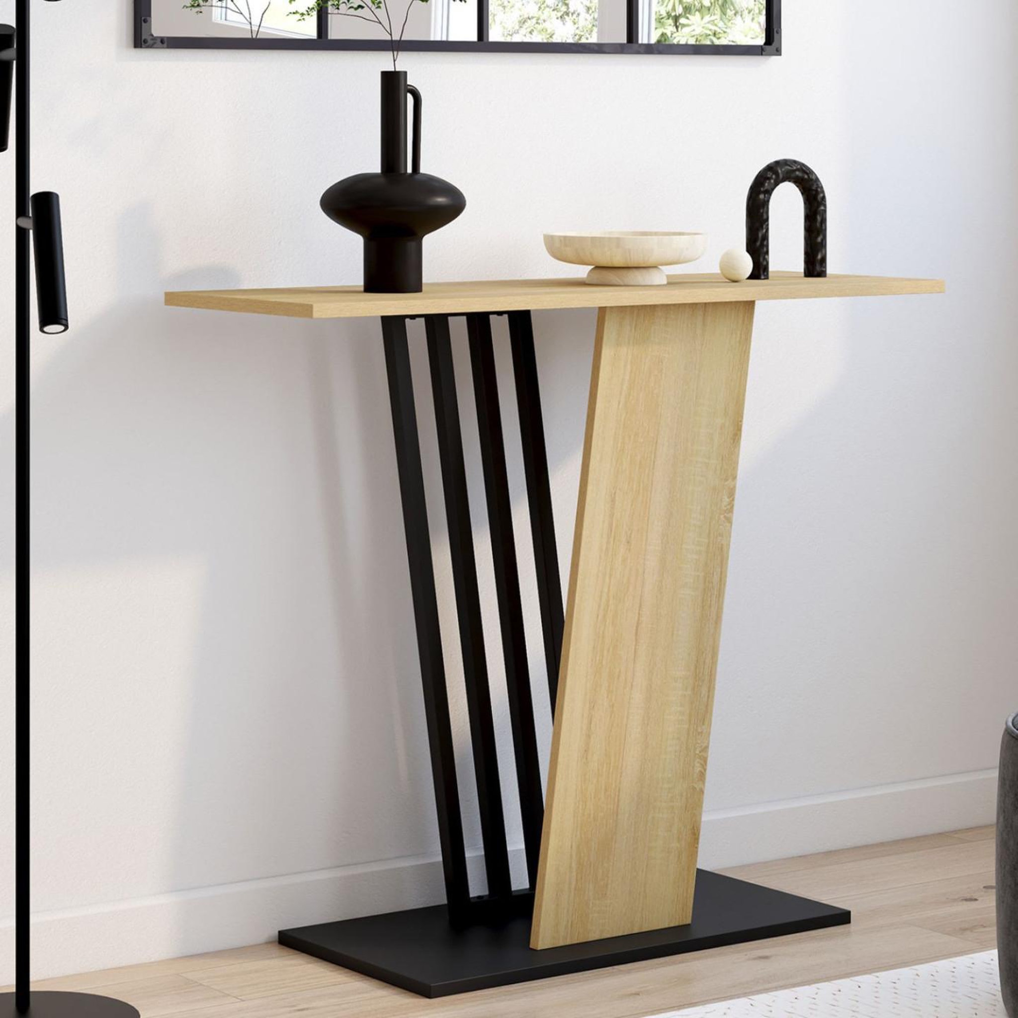 Voir la diapositive 2 : ID MARKET Console vicky plateau bois et pied croisé noir