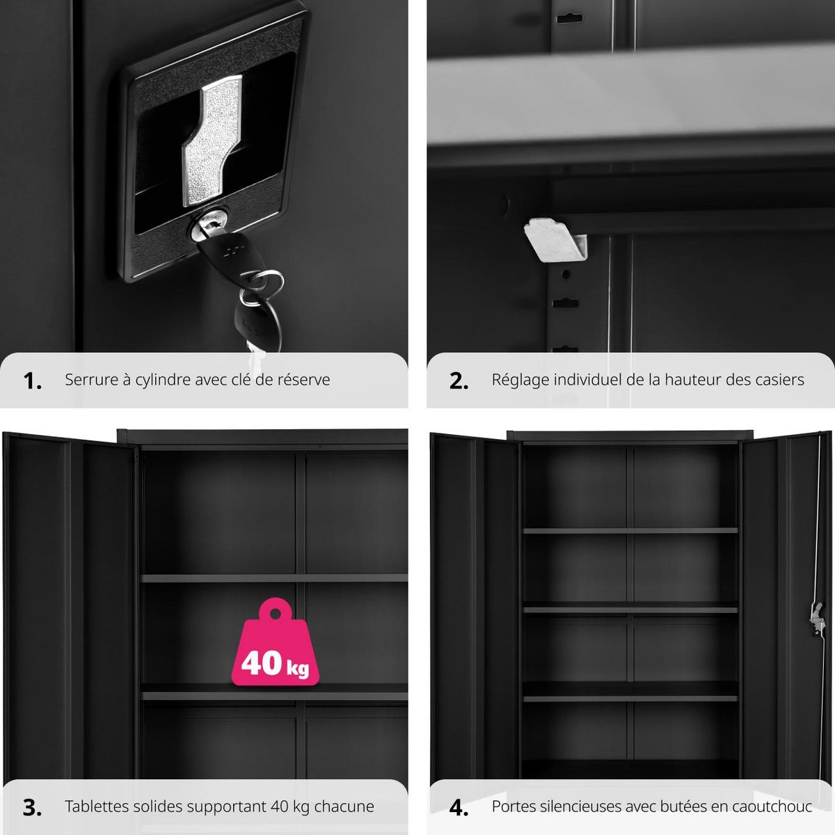 tectake Armoire de classement en métal en acier lâqué époxy noir