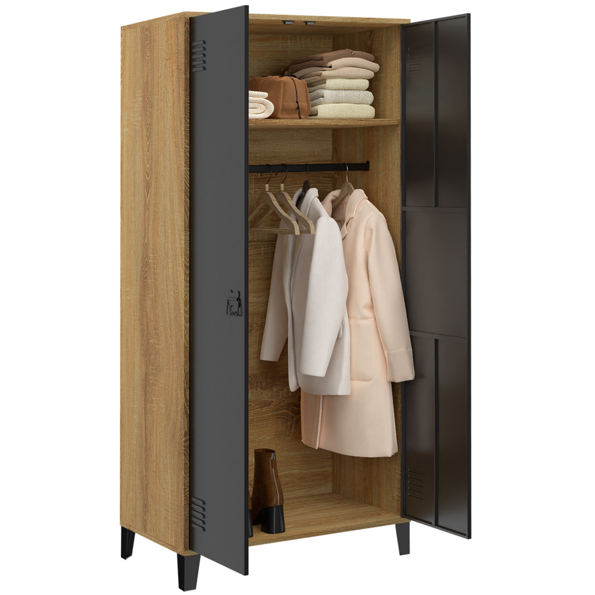 ID MARKET Armoire vestiaire penderie ESTER 2 portes métal noir et contour bois design industriel