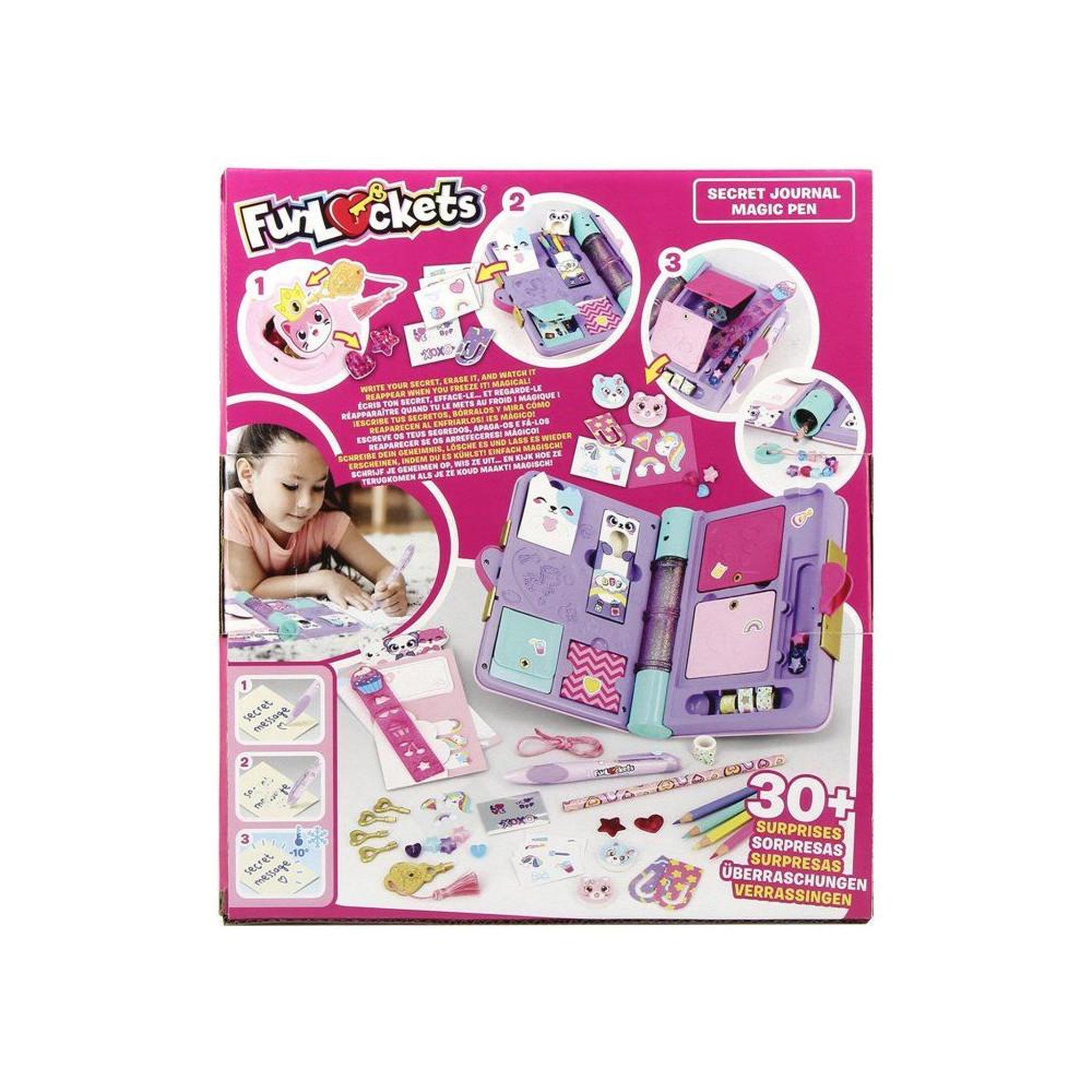 Voir la diapositive 4 : Journal secret avec stylo magique encre thermosensible, 5 clés et compartiments cachés, 30+ surprises animales, set de personnalisation multicolore
