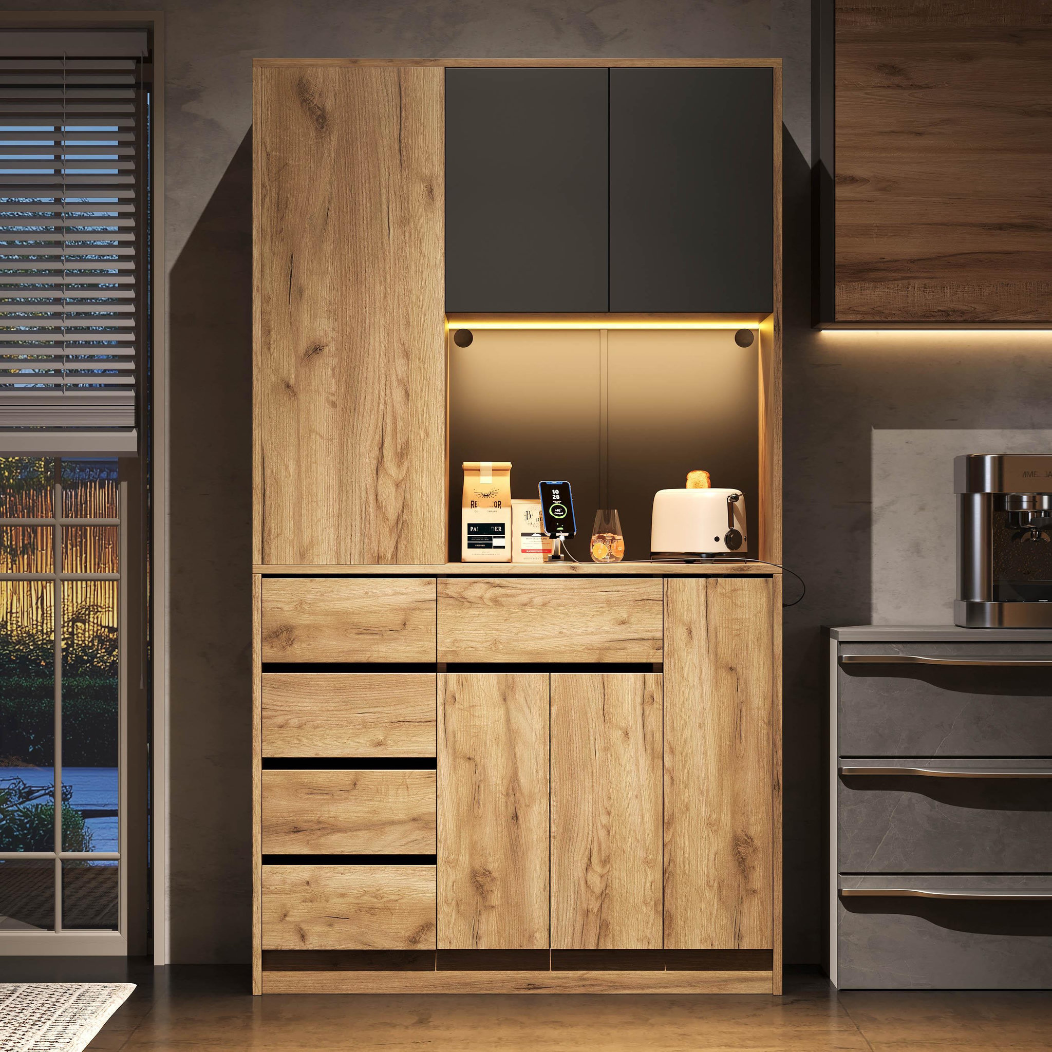 Voir la diapositive 4 : MERAX Buffet de cuisine 5 portes 6 tiroirs - 105 cm naturel led mdf