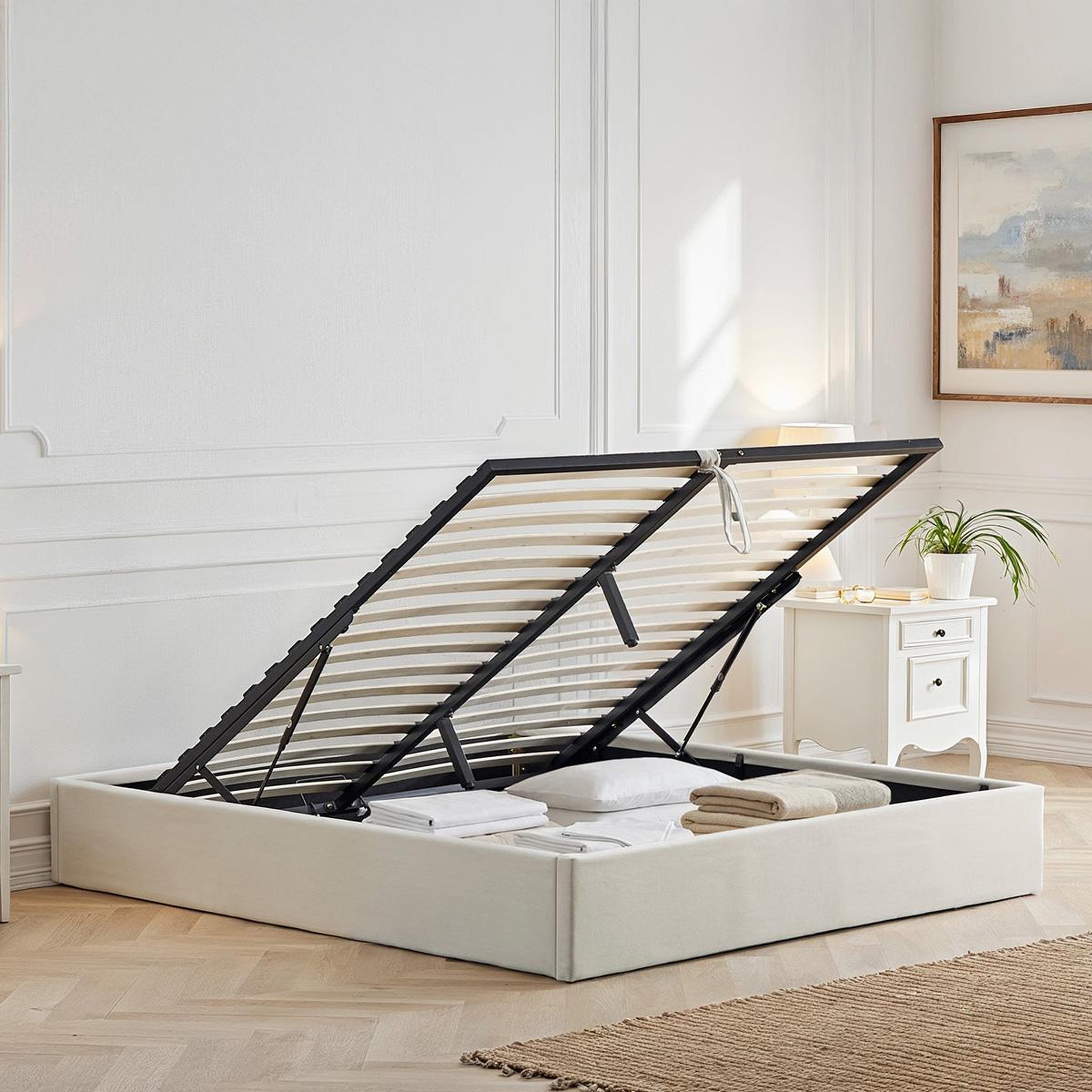 Voir la diapositive 2 : OLYMPE LITERIE Olympe literie | lit coffre tissu beige atlas 2 places