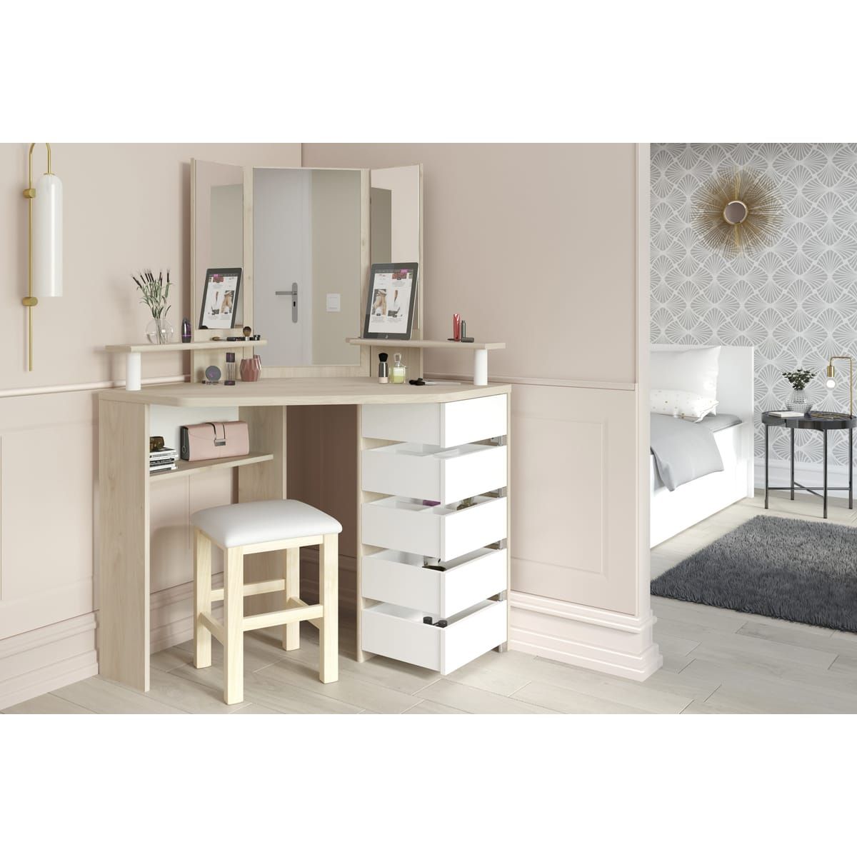 Ensemble coiffeuse d'angle GIRLY + tabouret SIT 