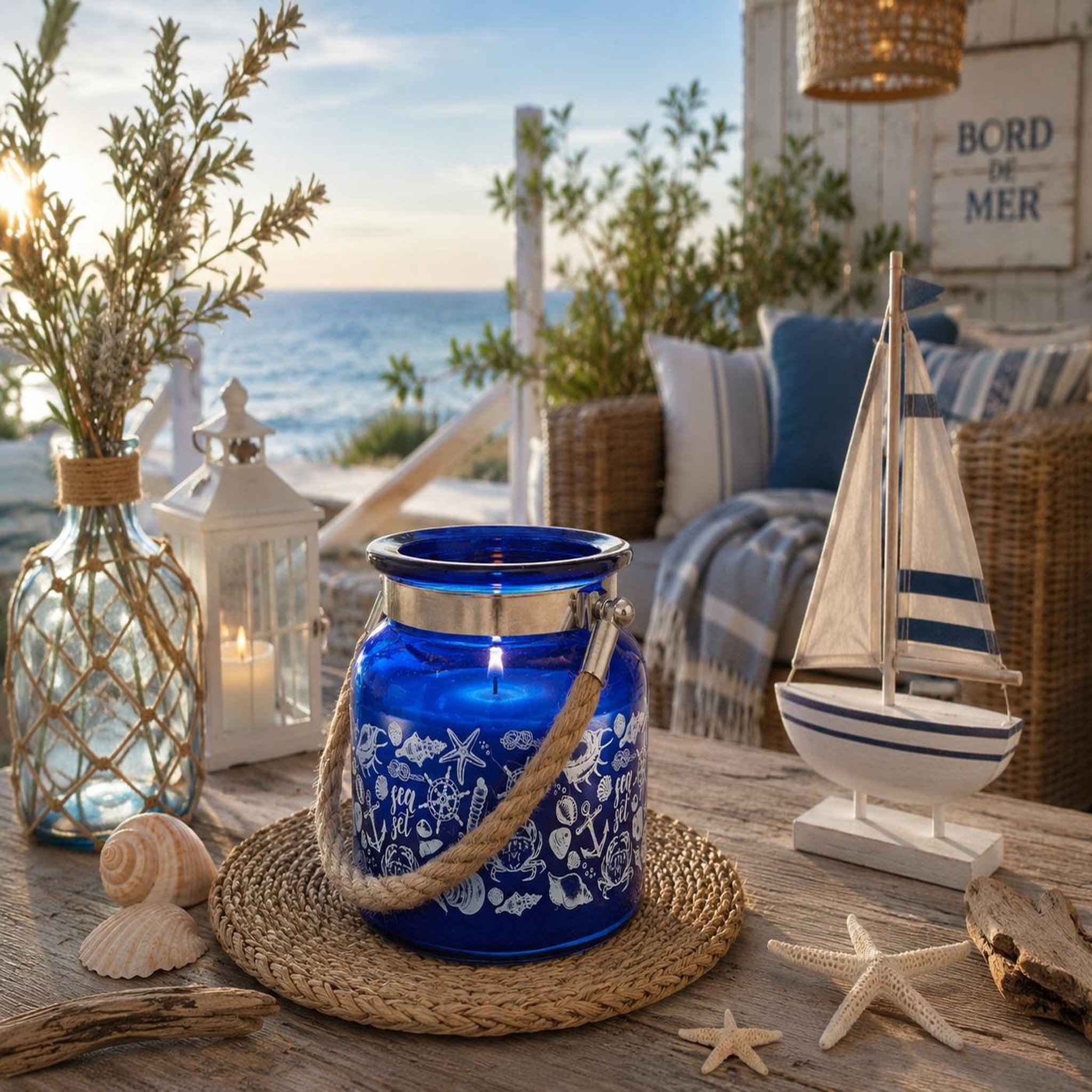 Voir la diapositive 2 : Eden Bougie parfumée brise marine en verre avec anse corde