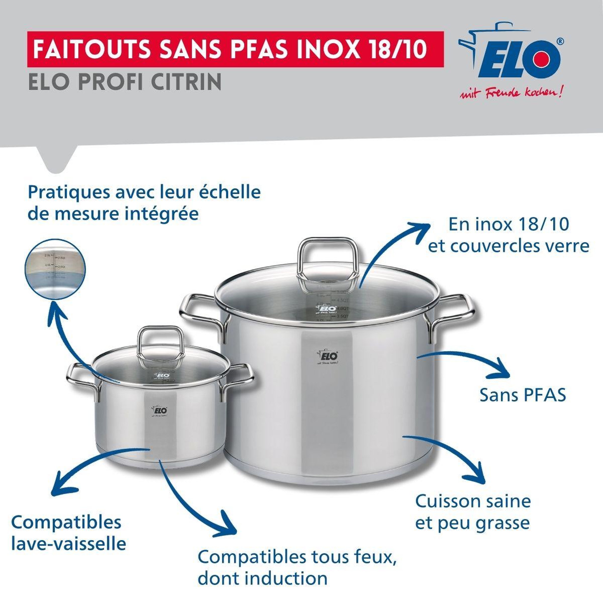 Voir la diapositive 3 : ELO Ensemble de 1 poêle de cuisson 24 cm et 2 faitouts 16 et 26 cm elo profi citrin