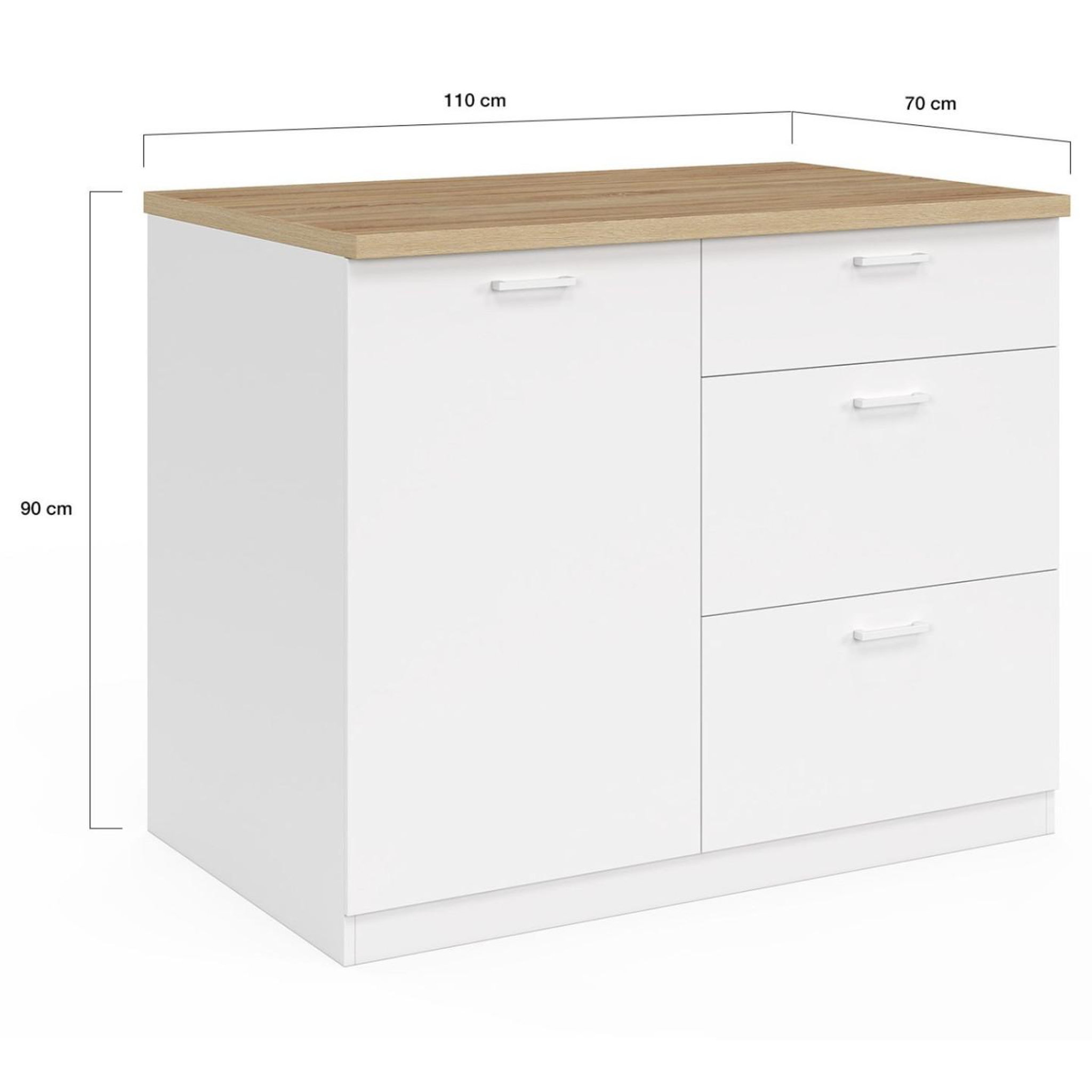 Voir la diapositive 5 : ID MARKET Ilot central tibo 110 cm casserolier 3 tiroirs bois blanc avec plan de travail façon hêtre