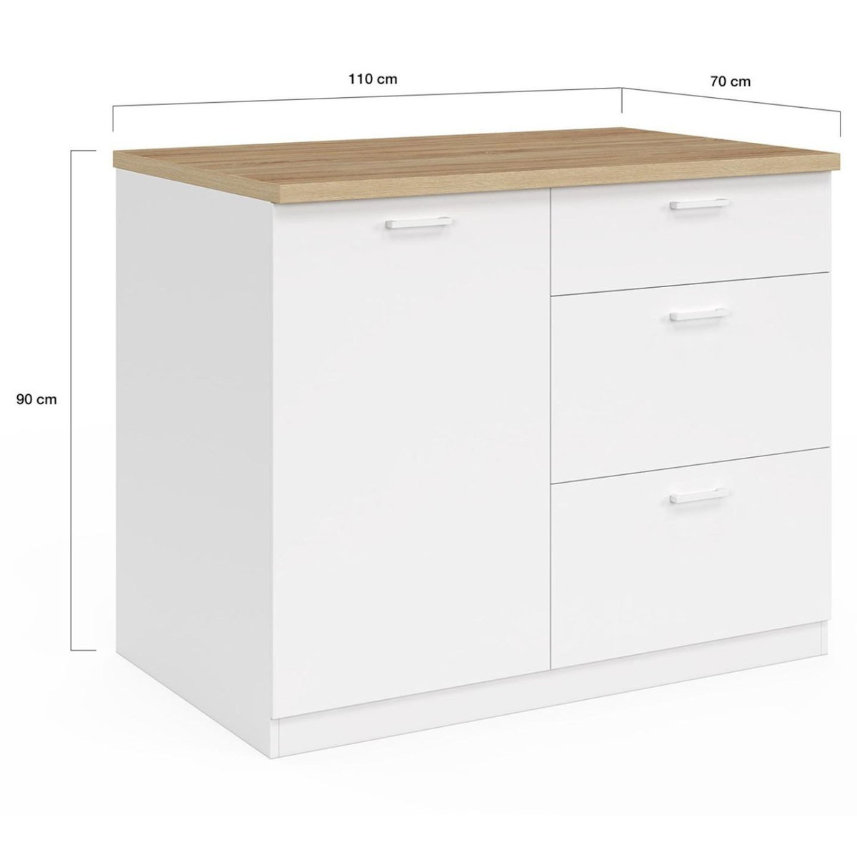 ID MARKET Ilot central TIBO 110 cm casserolier 3 tiroirs bois blanc avec plan de travail façon hêtre