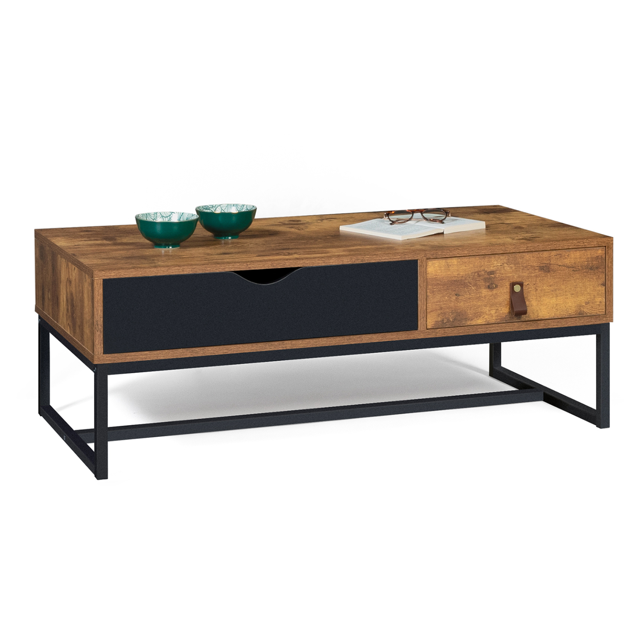ID MARKET Table basse rectangulaire chicago 2 tiroirs design industriel