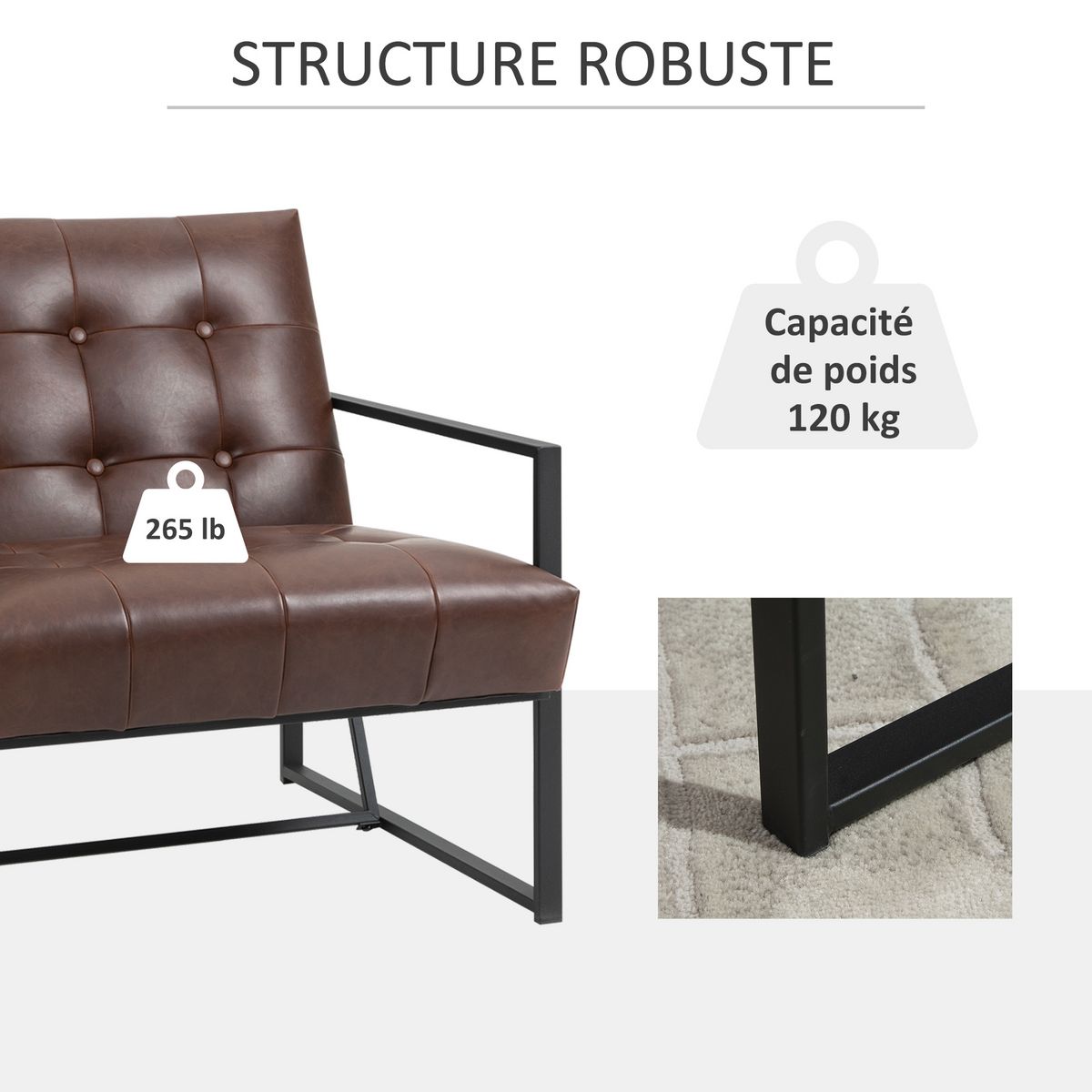 HOMCOM Fauteuil lounge Chesterfield assise dossier capitonnés structure métal noir revêtement synthétique chocolat