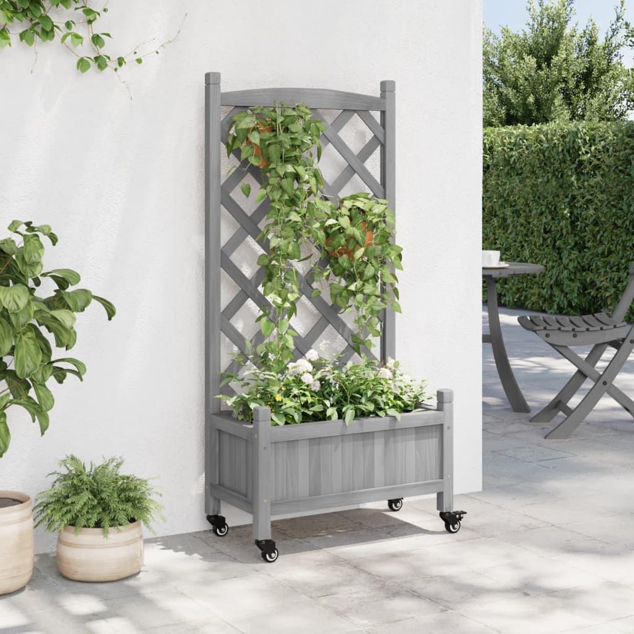 Voir la diapositive 3 : VIDAXL Jardiniere avec treillis et roues gris bois massif de sapin