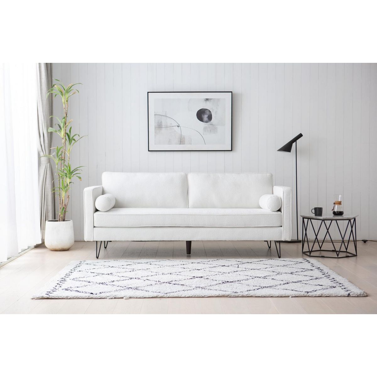 CONCEPT USINE Canapé 3 places blanc bouclette et pieds métal CLOUD