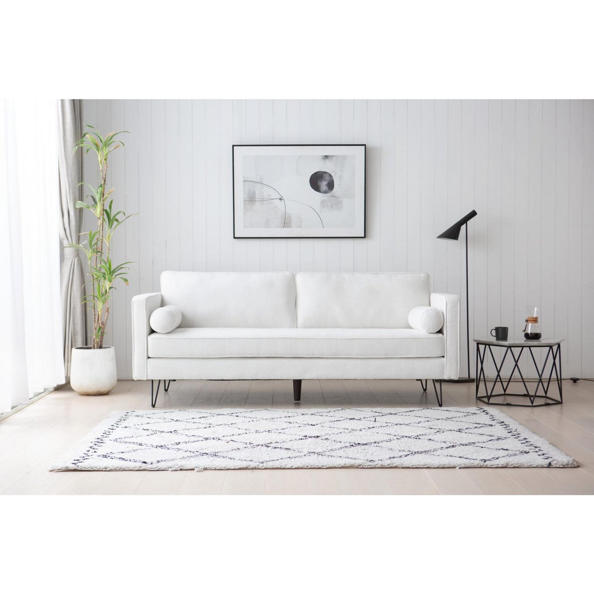 CONCEPT USINE Canapé 3 places blanc bouclette et pieds métal CLOUD