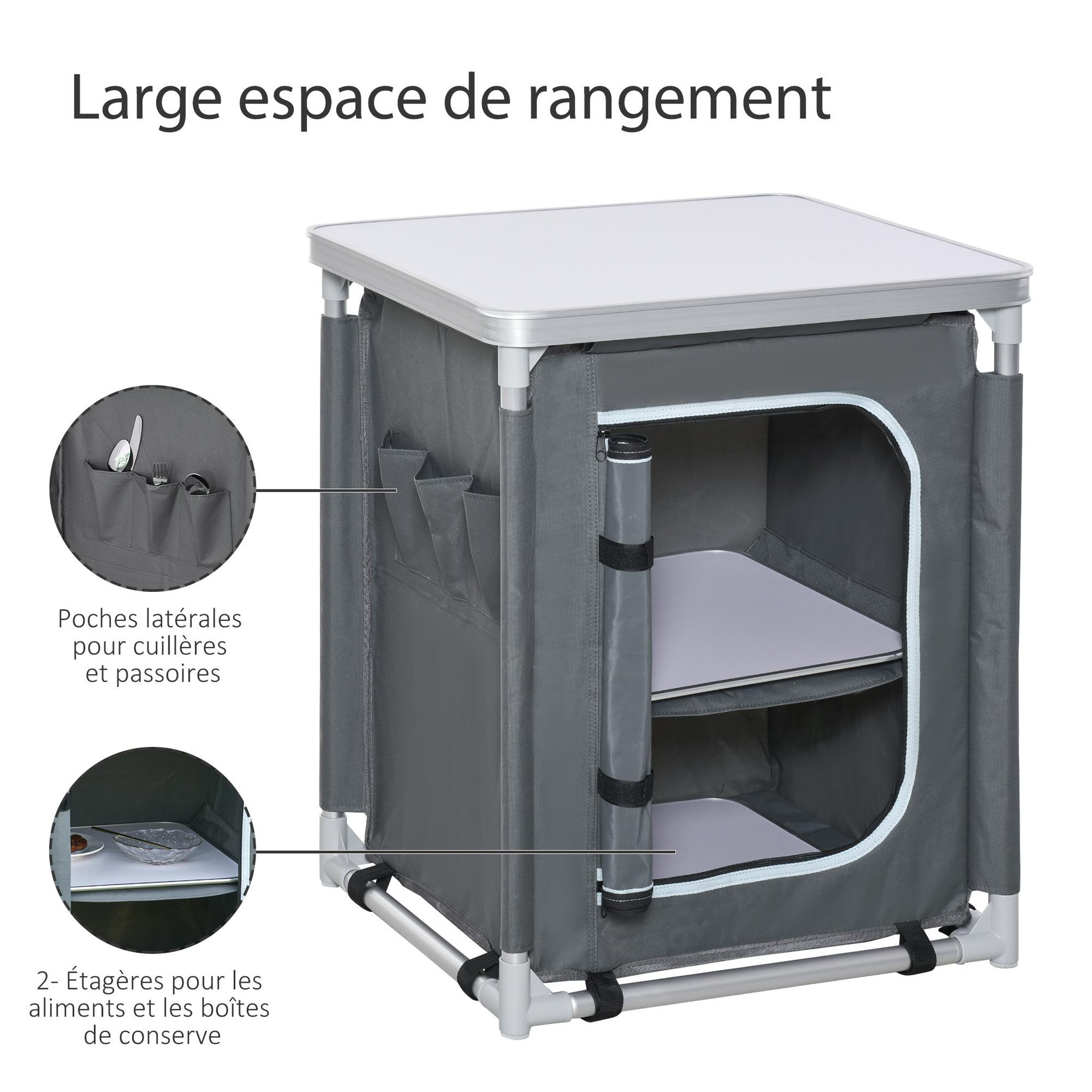Voir la diapositive 5 : OUTSUNNY Cuisine de camping - armoire de camping - plan de travail, nombreux rangements, sac transport inclus - armature alu. Oxford gris