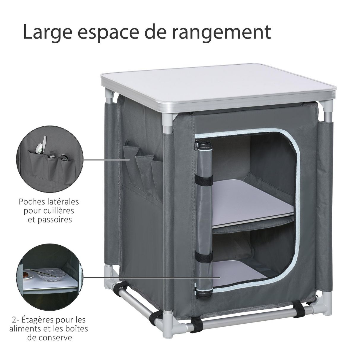OUTSUNNY Cuisine de camping - armoire de camping - plan de travail, nombreux rangements, sac transport inclus - armature alu. Oxford gris