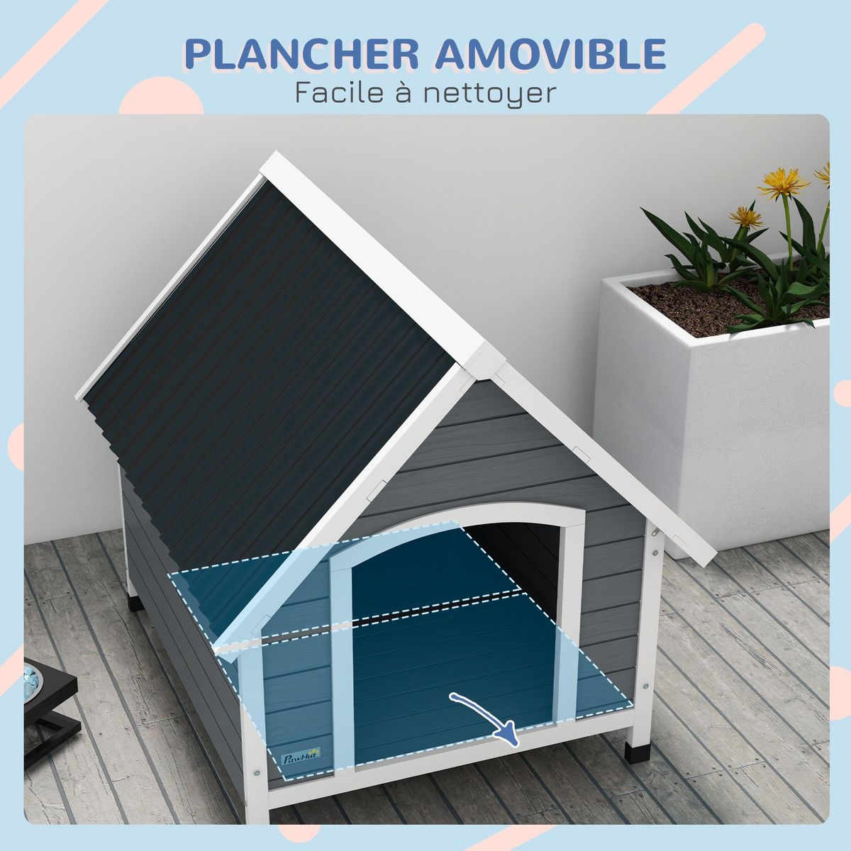 PAWHUT Niche pour chien design chalet sur pied - toit double pente, plancher amovible - plastique noir bois blanc gris