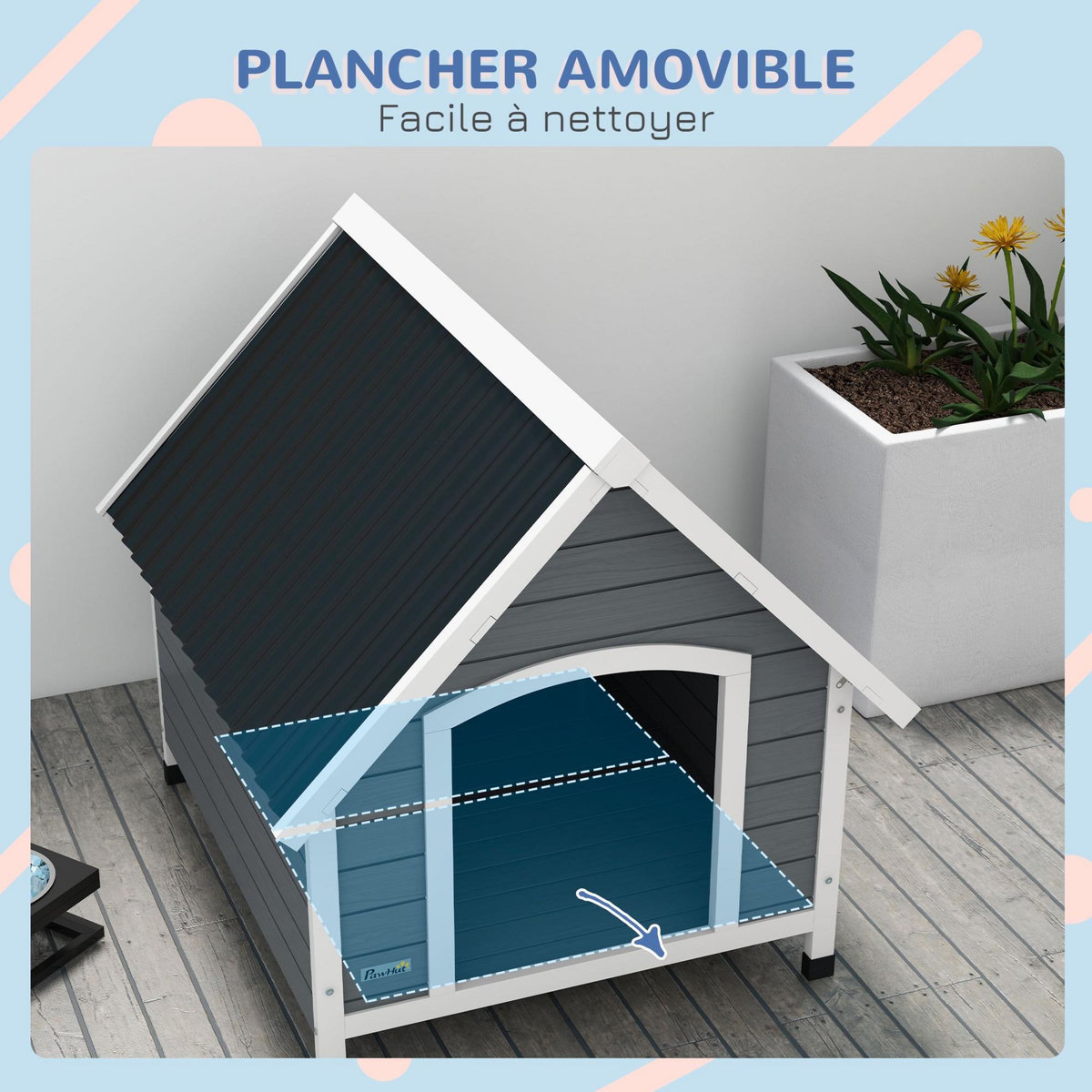 PAWHUT Niche pour chien design chalet sur pied - toit double pente, plancher amovible - plastique noir bois blanc gris