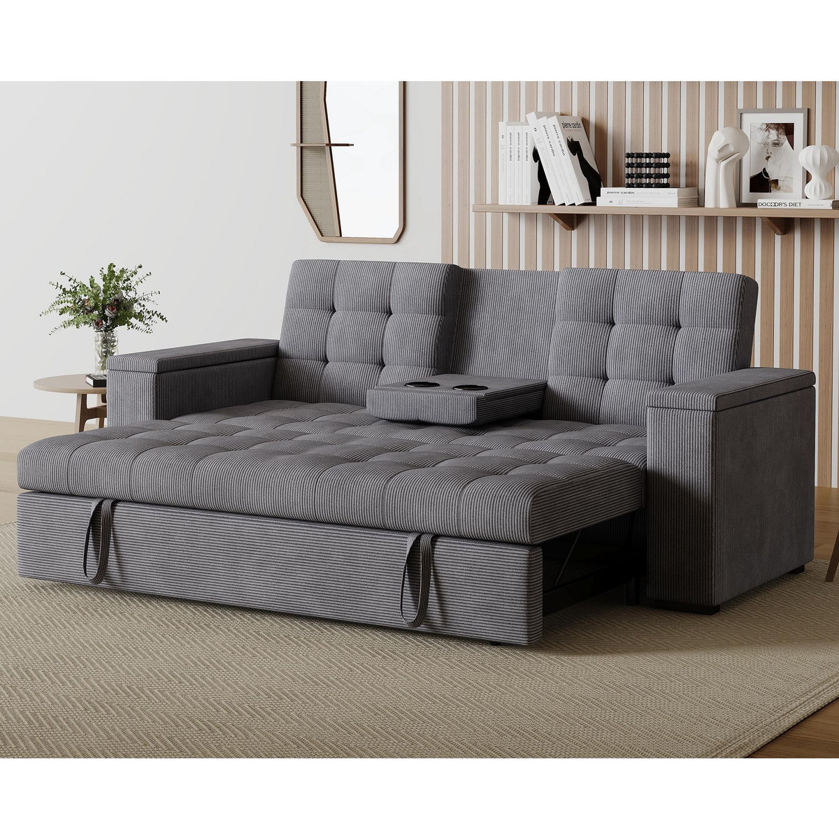 CONCEPT USINE Canapé 3 places convertible gris velours côtelé NOHO