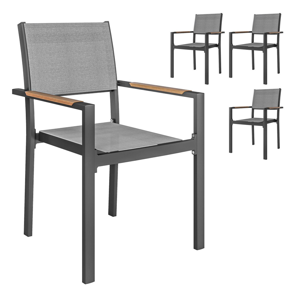 OUTSUNNY Lot de 4 chaises de jardin assise dossier textilène structure alu accoudoirs revêtement PVC effet bois