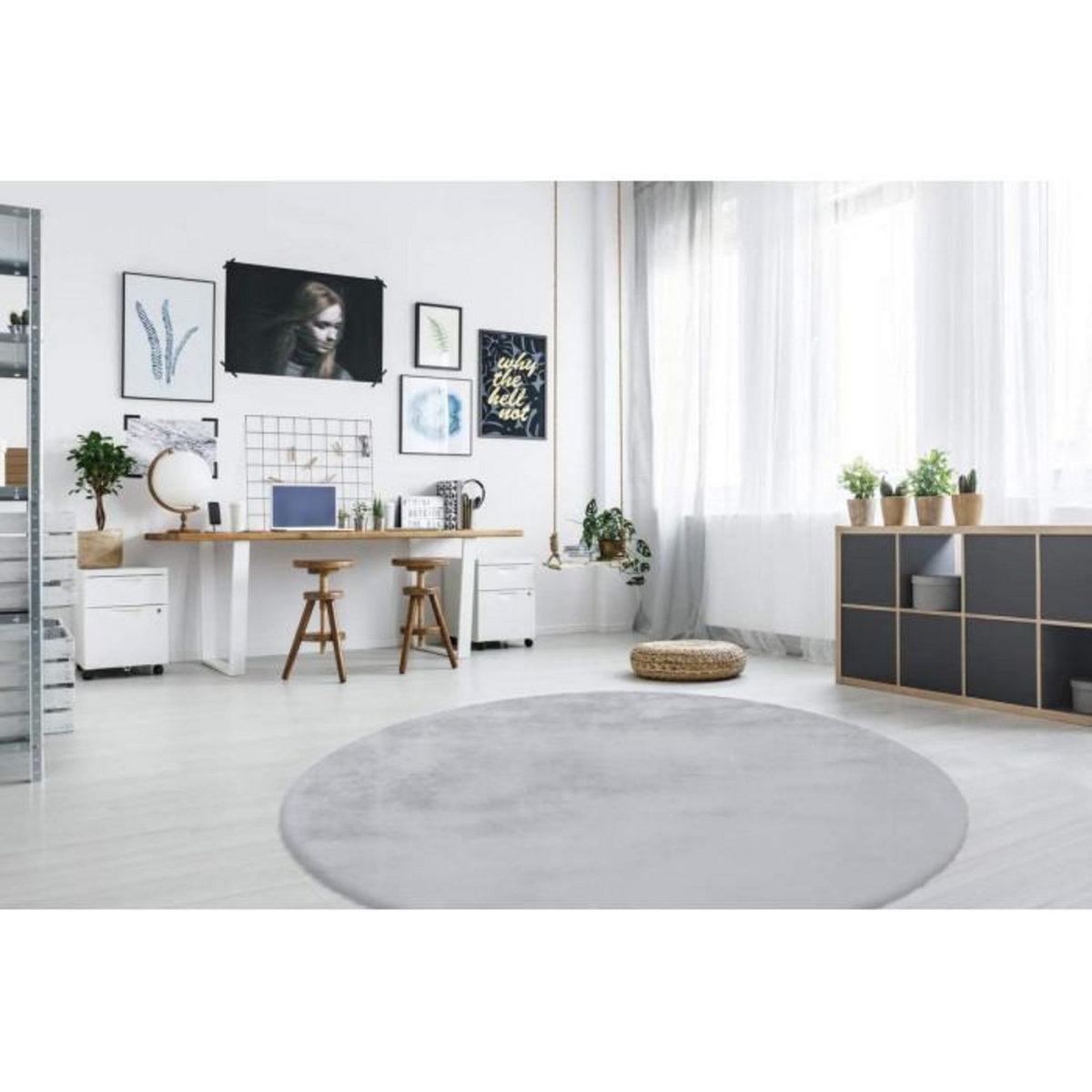 Paris Prix Tapis Rond à Poils Longs  Rabbit  160cm Bleu Gris