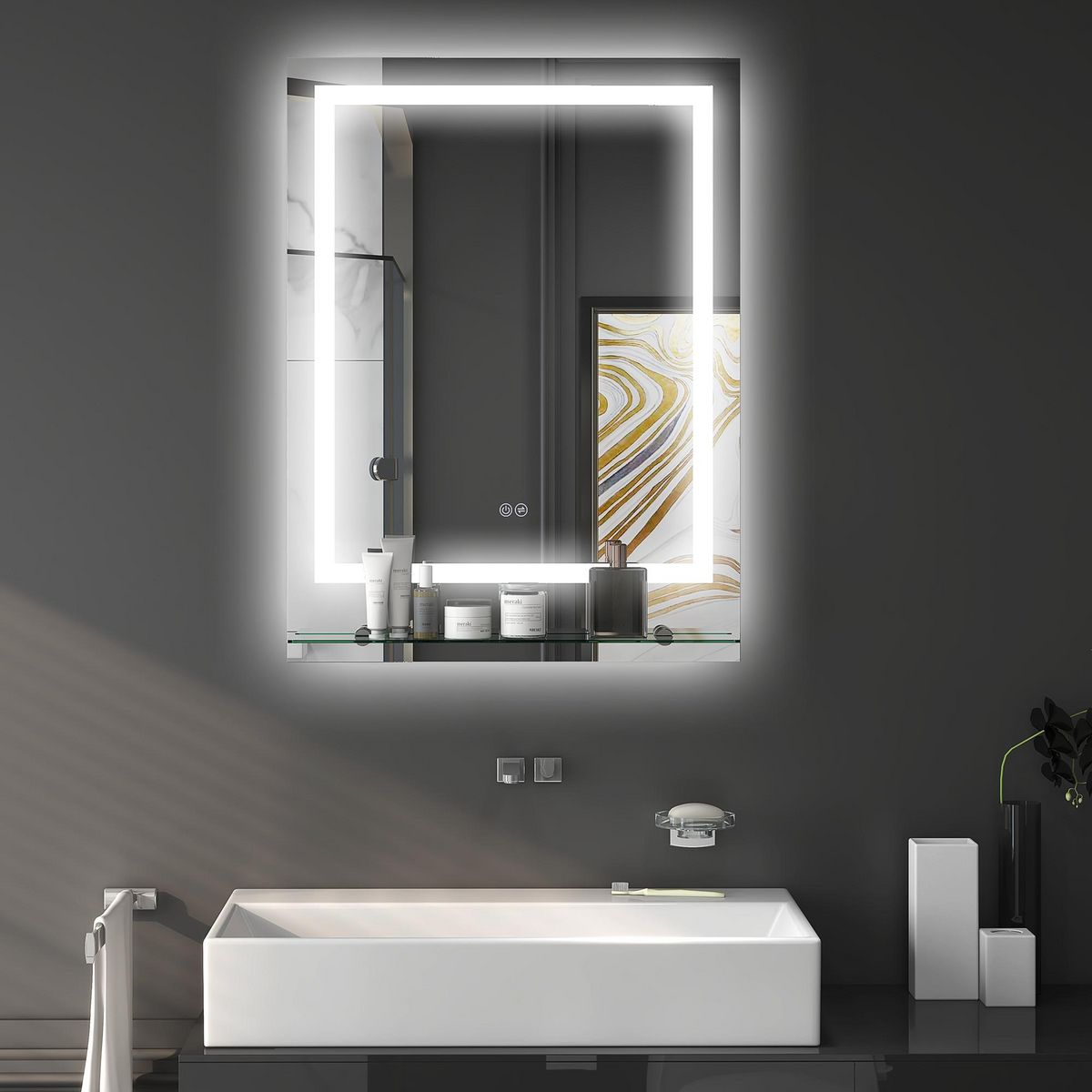 KLEANKIN Miroir lumineux LED 43W antibué réglable interrupteur tactile étagère intégrée 60L x 14P x 80H cm