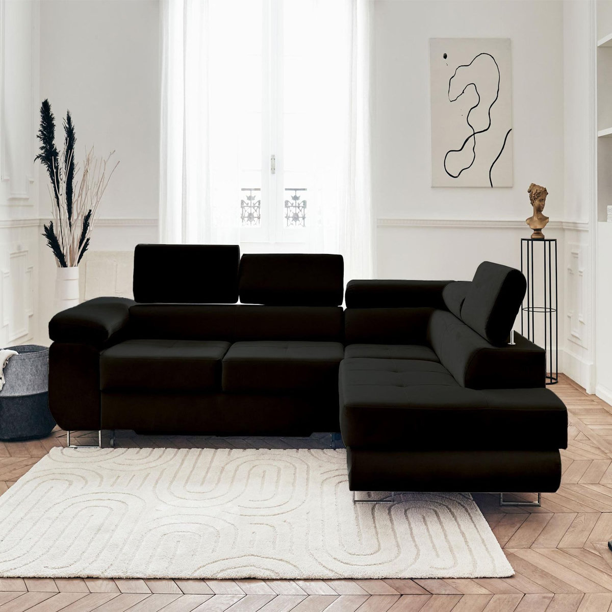 BEST MOBILIER Pablo - canapé d'angle droit - 5 places - convertible avec coffre et têtières réglables - en velours