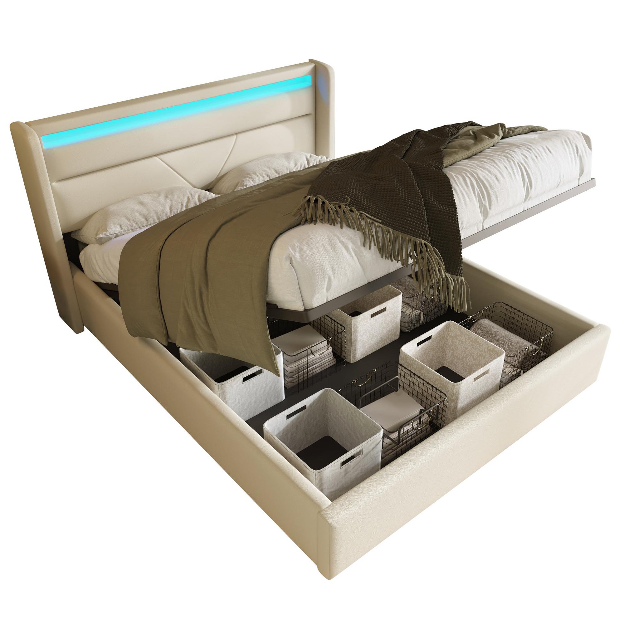 Voir la diapositive 1 : MERAX Lit coffre avec sommier et LED PU