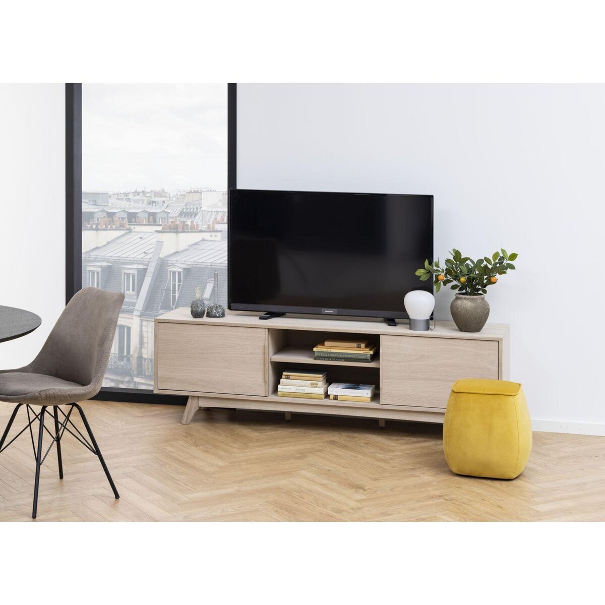 TOILINUX Meuble TV en MDF avec 2 portes coulissantes - Beige