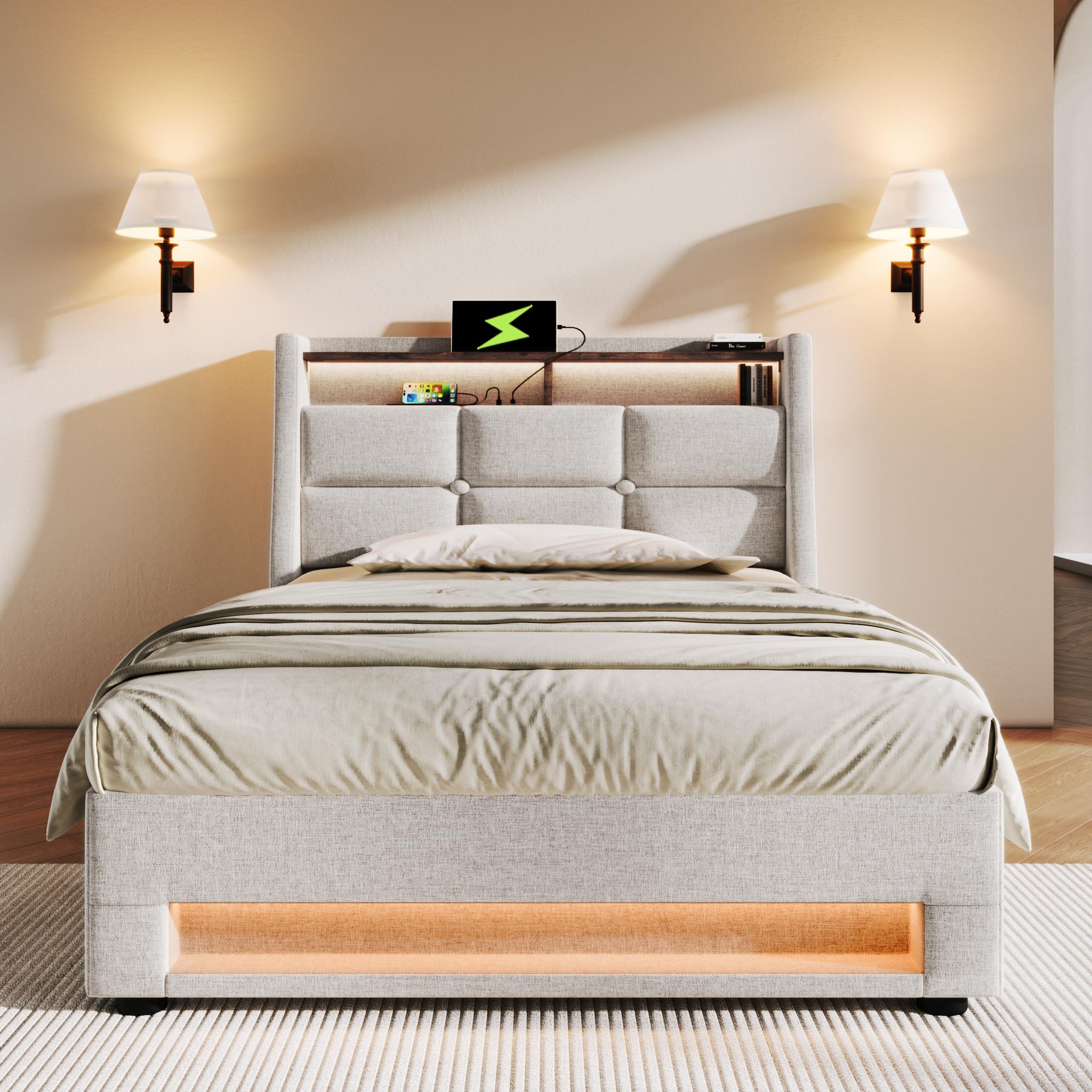 Voir la diapositive 3 : MERAX Lit coffre avec USB et LED Lin gris