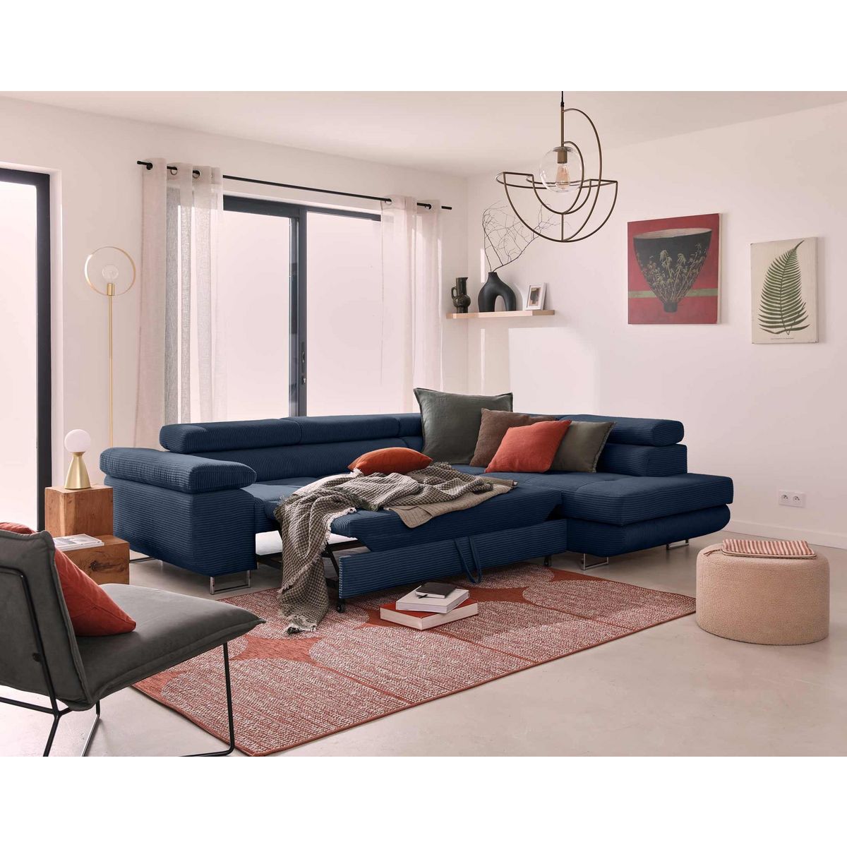 BEST MOBILIER Zaria - canapé d'angle droit - convertible avec coffre et têtières réglables - 5 places - en velours côtelé