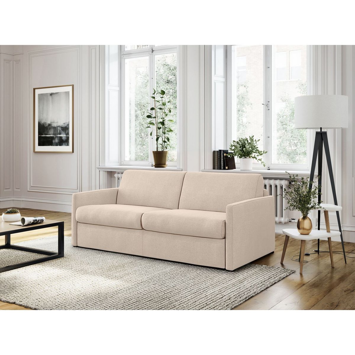 Canapé droit convertible système couchage express 3 places en tissu Gris clair ALICE