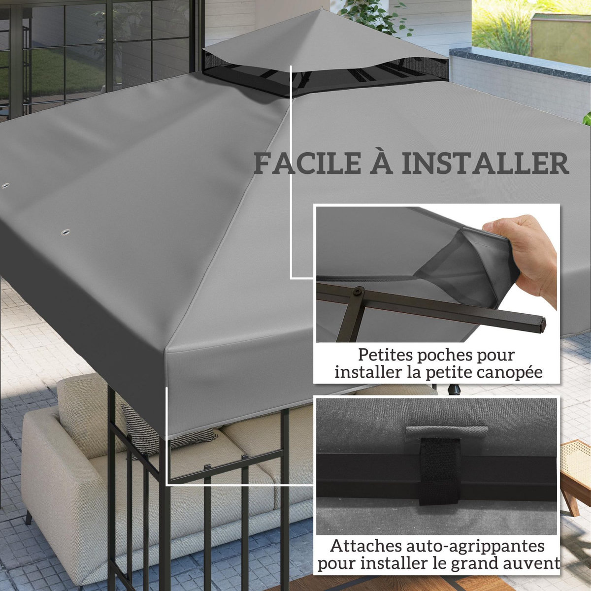 OUTSUNNY Toile de rechange barnum tonnelle 3 x 3 m - toit double avec œillets drainage - polyester haute densité 370 g/m² gris