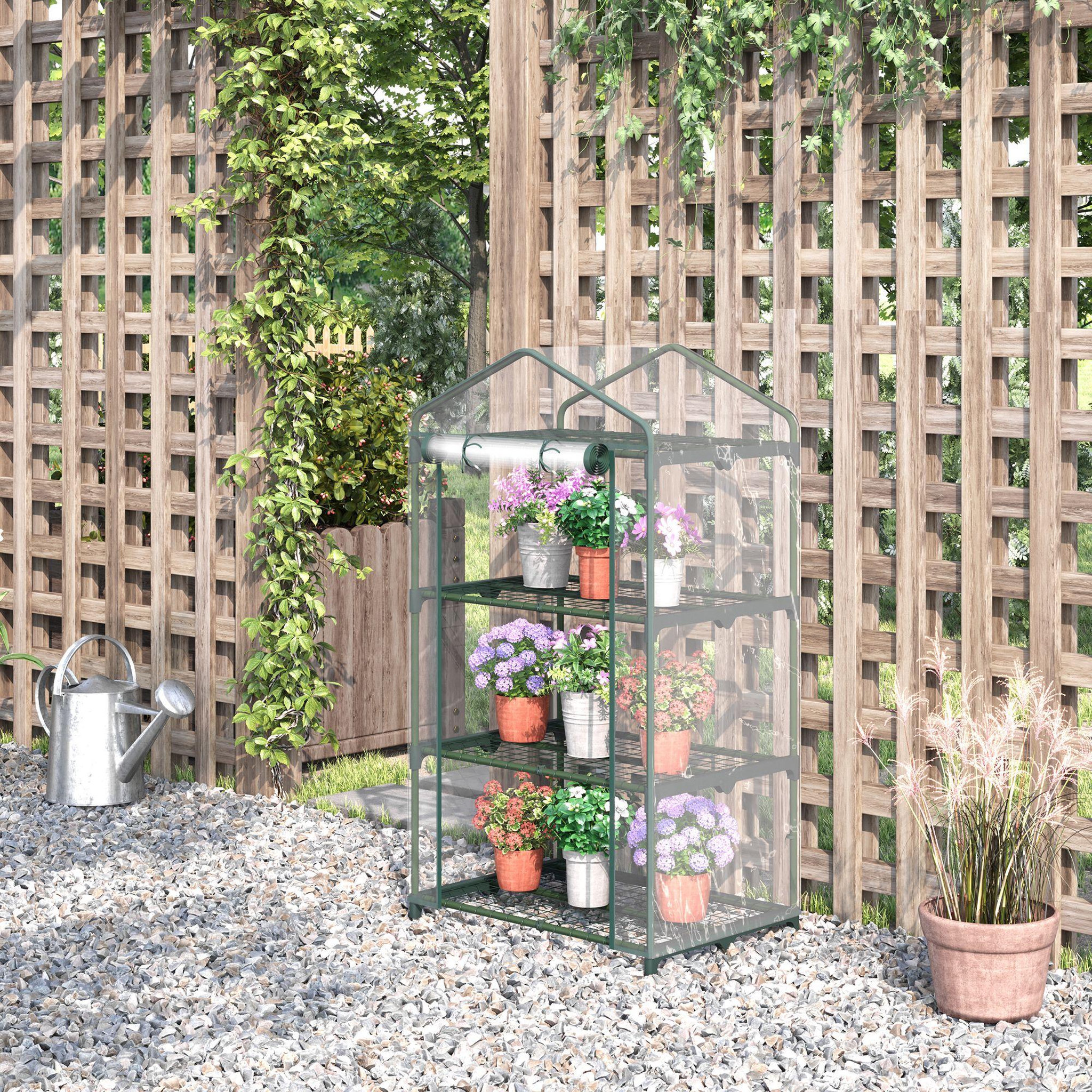 Voir la diapositive 2 : OUTSUNNY Serre de jardin balcon étagère serre 3 niveaux dim. 69L x 49l x 125H cm métal thermolaqué vert PVC haute densité transparent