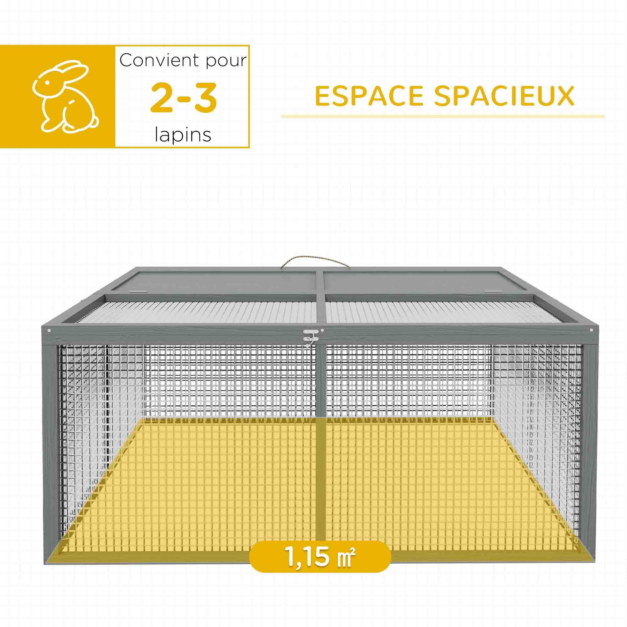 Voir la diapositive 6 : PAWHUT Clapier pliable avec poignée - cage à lapin - toit ouvrant, porte - 110 x 105 x 50 cm - acier bois gris