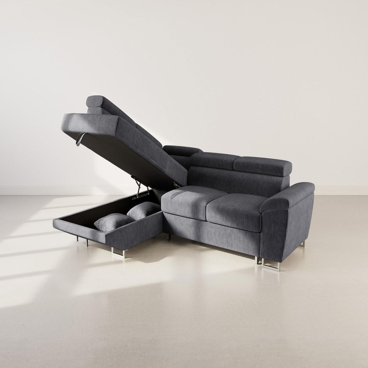 BEST MOBILIER Baoji - canapé d'angle gauche 5 places convertible avec têtières et coffre en velours côtelé