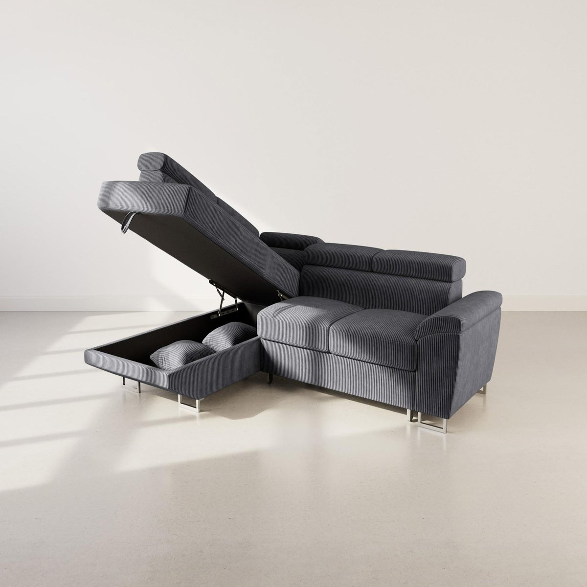 BEST MOBILIER Baoji - canapé d'angle gauche 5 places convertible avec têtières et coffre en velours côtelé