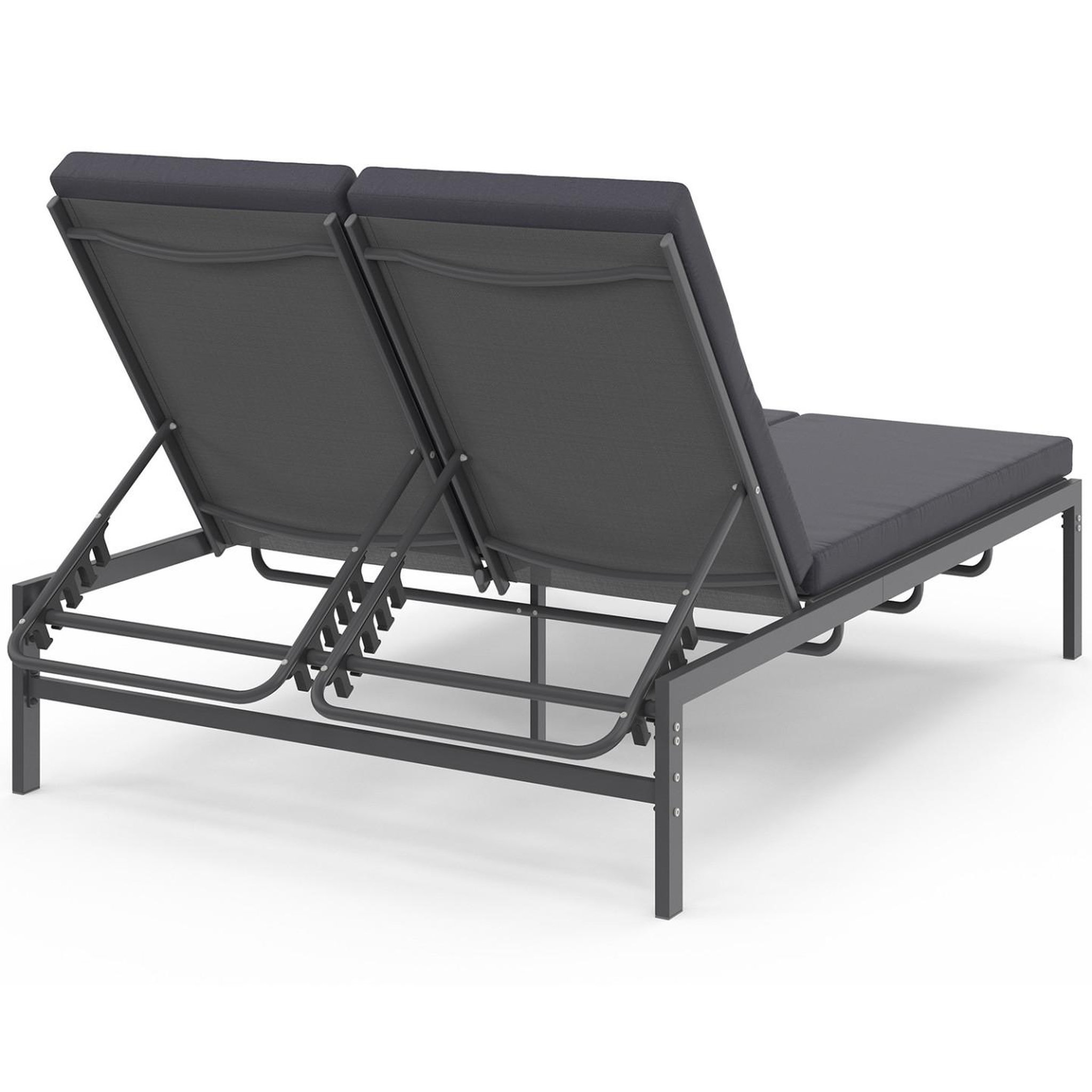 Voir la diapositive 4 : ID MARKET Lit bain de soleil double, transat de jardin 2 places inclinable, chaise longue en acier avec matelas gris anthracite